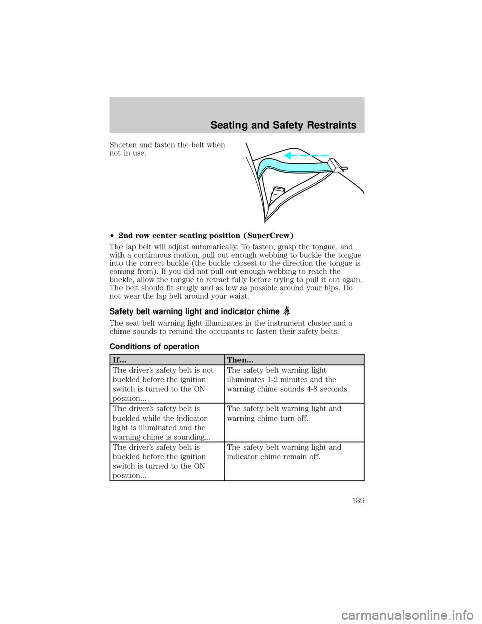 FORD F150 2002 10.G Owners Manual Shorten and fasten the belt when
not in use.
²2nd row center seating position (SuperCrew)
The lap belt will adjust automatically. To fasten, grasp the tongue, and
with a continuous motion, pull out e