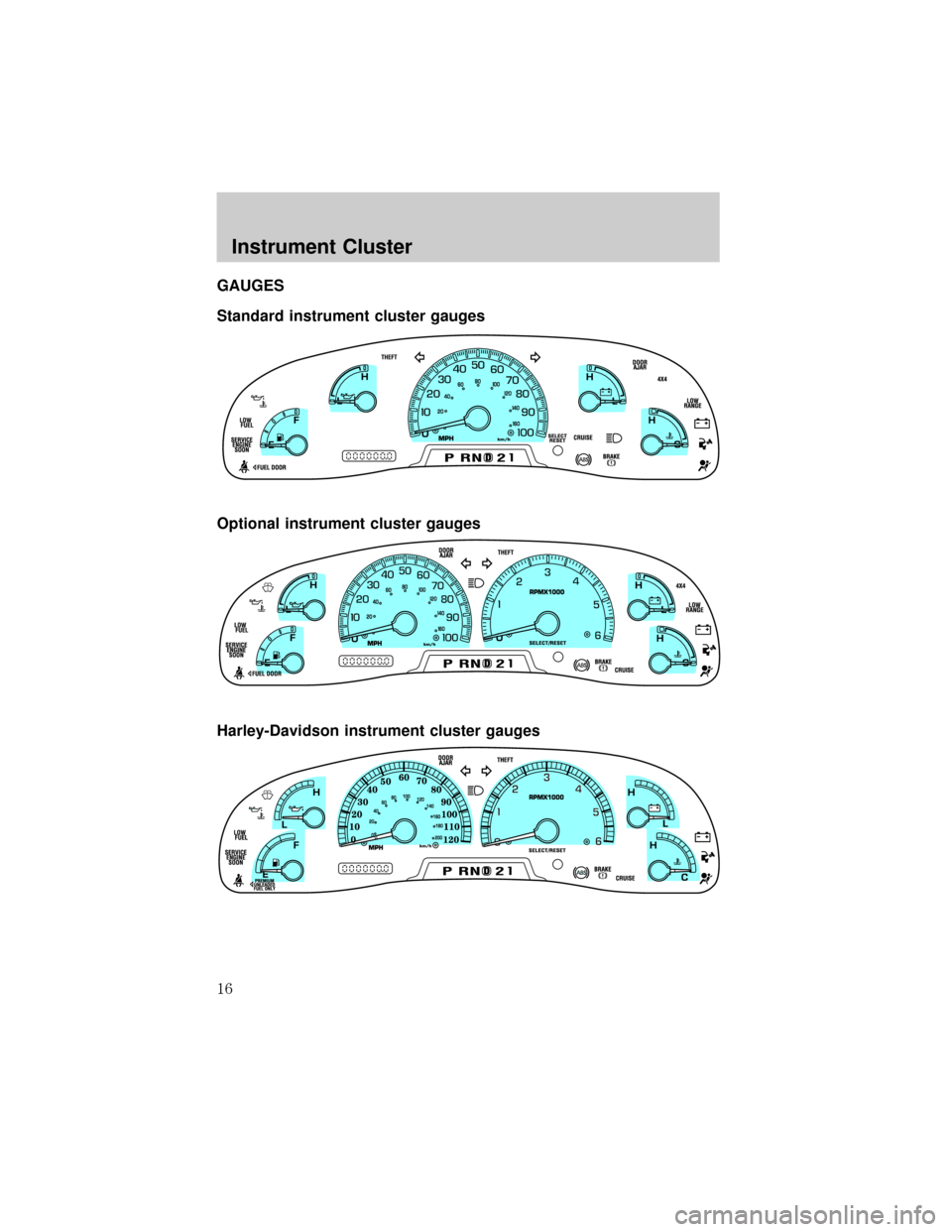 FORD F150 2002 10.G User Guide GAUGES
Standard instrument cluster gauges
Optional instrument cluster gauges
Harley-Davidson instrument cluster gauges
Instrument Cluster
16 