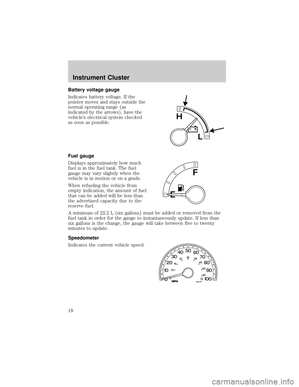 FORD F150 2002 10.G User Guide Battery voltage gauge
Indicates battery voltage. If the
pointer moves and stays outside the
normal operating range (as
indicated by the arrows), have the
vehicles electrical system checked
as soon as