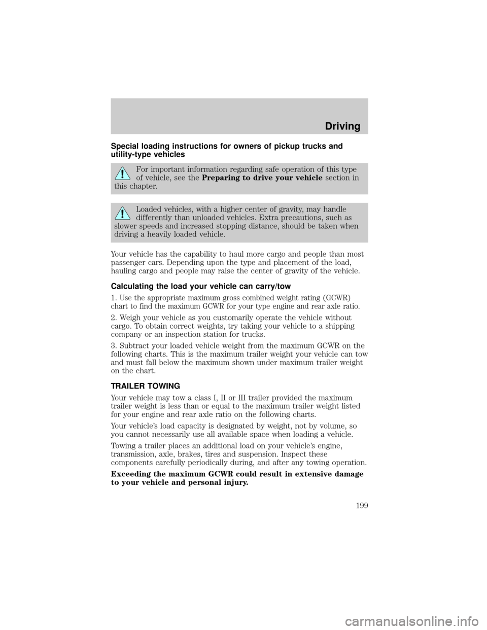 FORD F150 2002 10.G Owners Manual Special loading instructions for owners of pickup trucks and
utility-type vehicles
For important information regarding safe operation of this type
of vehicle, see thePreparing to drive your vehiclesec