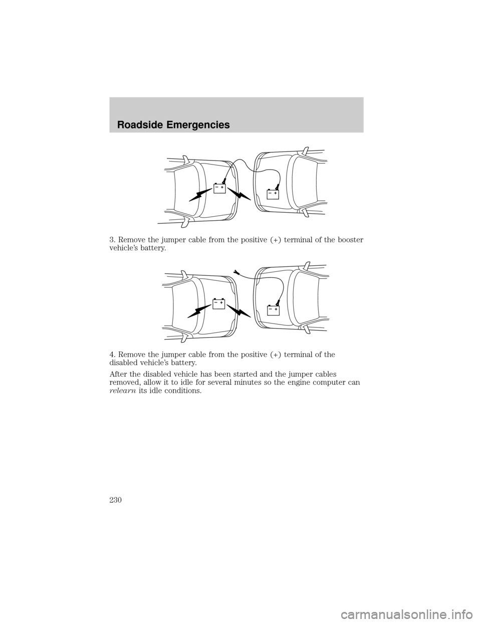 FORD F150 2002 10.G Owners Manual 3. Remove the jumper cable from the positive (+) terminal of the booster
vehicles battery.
4. Remove the jumper cable from the positive (+) terminal of the
disabled vehicles battery.
After the disab