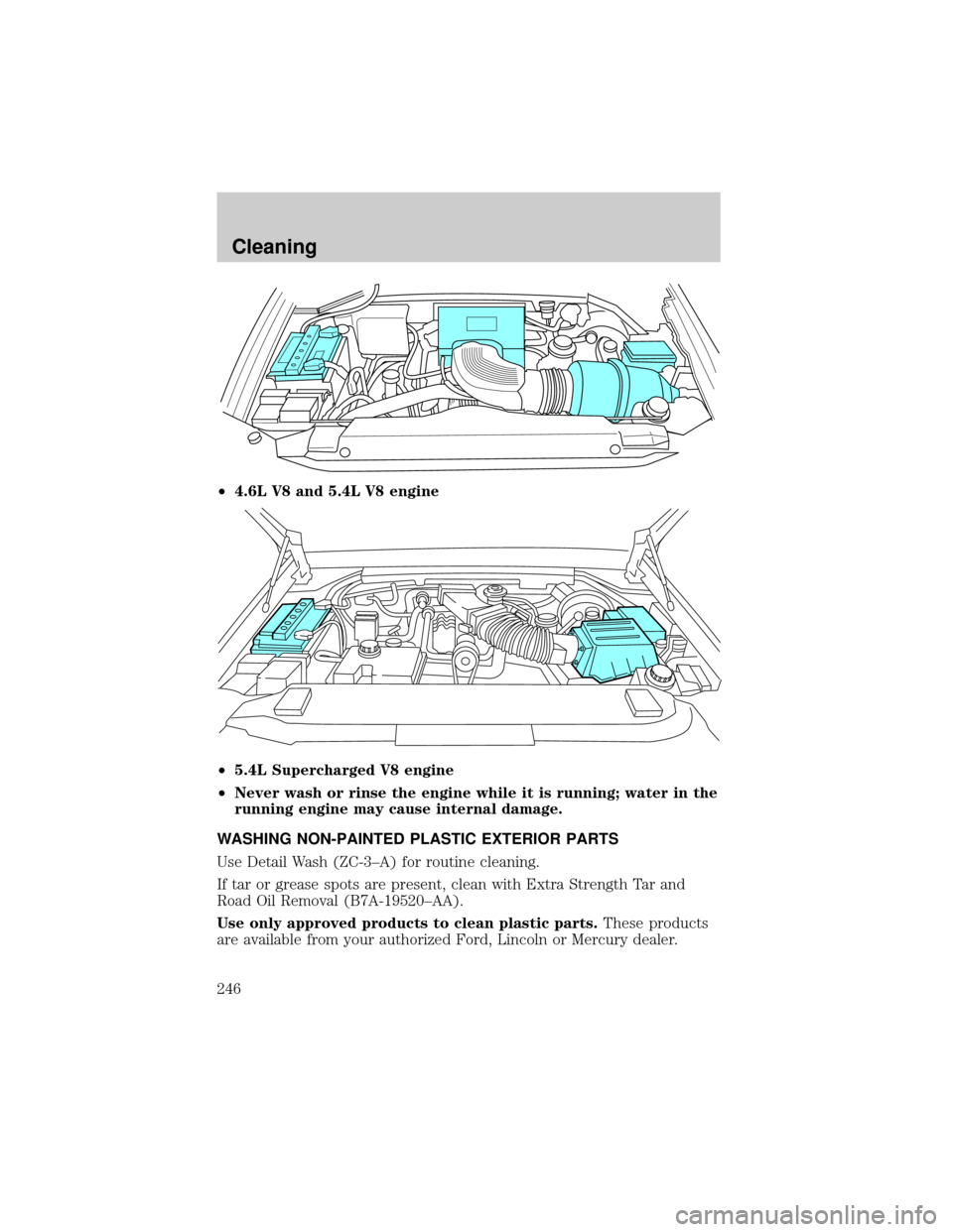 FORD F150 2002 10.G Owners Manual ²4.6L V8 and 5.4L V8 engine
²5.4L Supercharged V8 engine
²Never wash or rinse the engine while it is running; water in the
running engine may cause internal damage.
WASHING NON-PAINTED PLASTIC EXTE FORD F150 2002 10.G Owners Manual ²4.6L V8 and 5.4L V8 engine
²5.4L Supercharged V8 engine
²Never wash or rinse the engine while it is running; water in the
running engine may cause internal damage.
WASHING NON-PAINTED PLASTIC EXTE