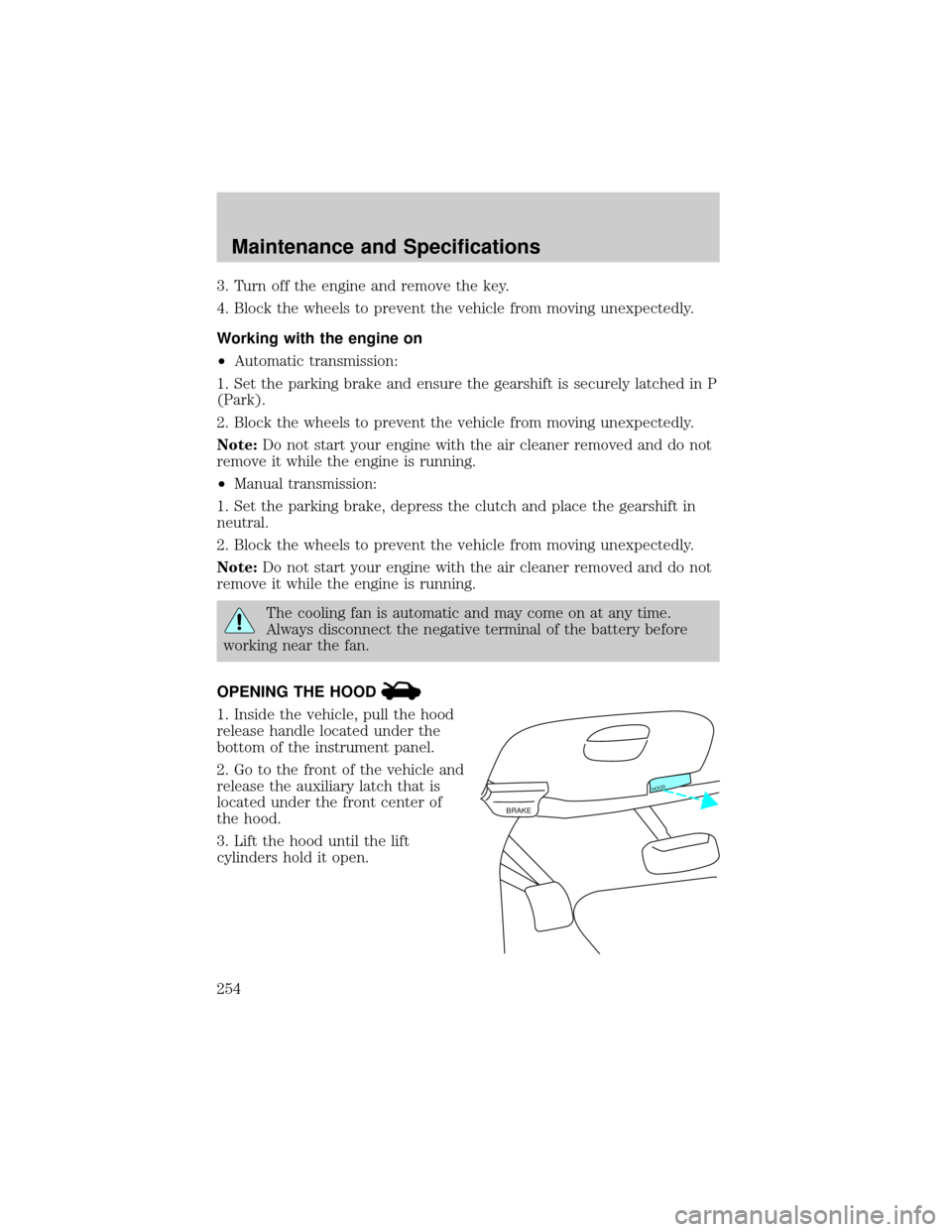 FORD F150 2002 10.G Owners Manual 3. Turn off the engine and remove the key.
4. Block the wheels to prevent the vehicle from moving unexpectedly.
Working with the engine on
²Automatic transmission:
1. Set the parking brake and ensure