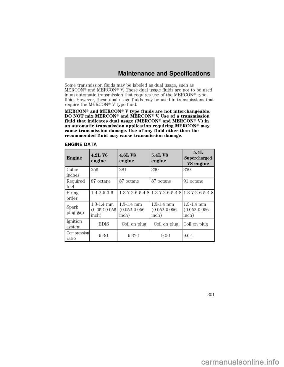 FORD F150 2002 10.G Owners Manual Some transmission fluids may be labeled as dual usage, such as
MERCONtand MERCONtV. These dual usage fluids are not to be used
in an automatic transmission that requires use of the MERCONttype
fluid. FORD F150 2002 10.G Owners Manual Some transmission fluids may be labeled as dual usage, such as
MERCONtand MERCONtV. These dual usage fluids are not to be used
in an automatic transmission that requires use of the MERCONttype
fluid.