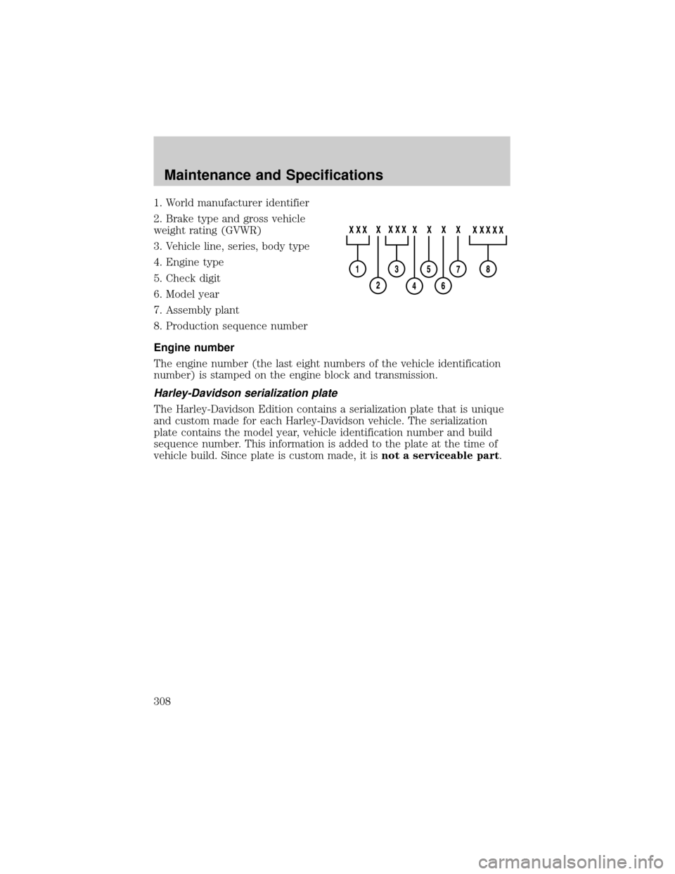 FORD F150 2002 10.G Owners Manual 1. World manufacturer identifier
2. Brake type and gross vehicle
weight rating (GVWR)
3. Vehicle line, series, body type
4. Engine type
5. Check digit
6. Model year
7. Assembly plant
8. Production seq FORD F150 2002 10.G Owners Manual 1. World manufacturer identifier
2. Brake type and gross vehicle
weight rating (GVWR)
3. Vehicle line, series, body type
4. Engine type
5. Check digit
6. Model year
7. Assembly plant
8. Production seq