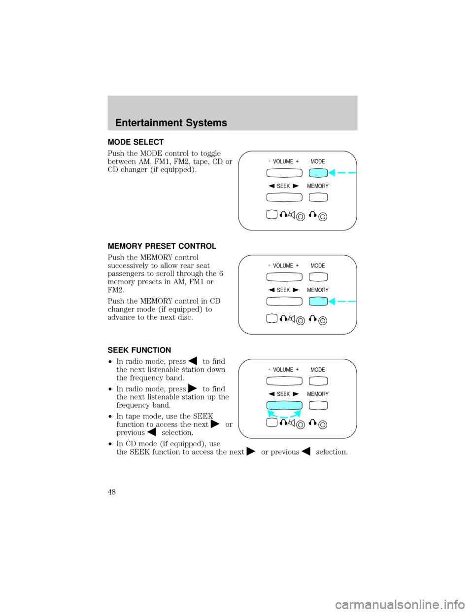 FORD F150 2002 10.G Service Manual MODE SELECT
Push the MODE control to toggle
between AM, FM1, FM2, tape, CD or
CD changer (if equipped).
MEMORY PRESET CONTROL
Push the MEMORY control
successively to allow rear seat
passengers to scro