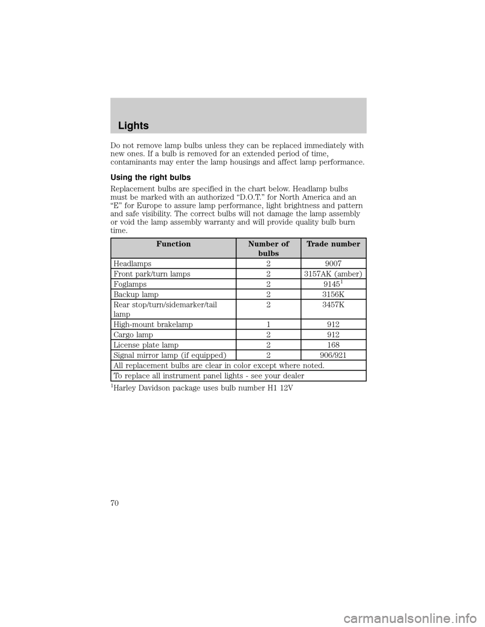 FORD F150 2002 10.G Owners Manual Do not remove lamp bulbs unless they can be replaced immediately with
new ones. If a bulb is removed for an extended period of time,
contaminants may enter the lamp housings and affect lamp performanc FORD F150 2002 10.G Owners Manual Do not remove lamp bulbs unless they can be replaced immediately with
new ones. If a bulb is removed for an extended period of time,
contaminants may enter the lamp housings and affect lamp performanc