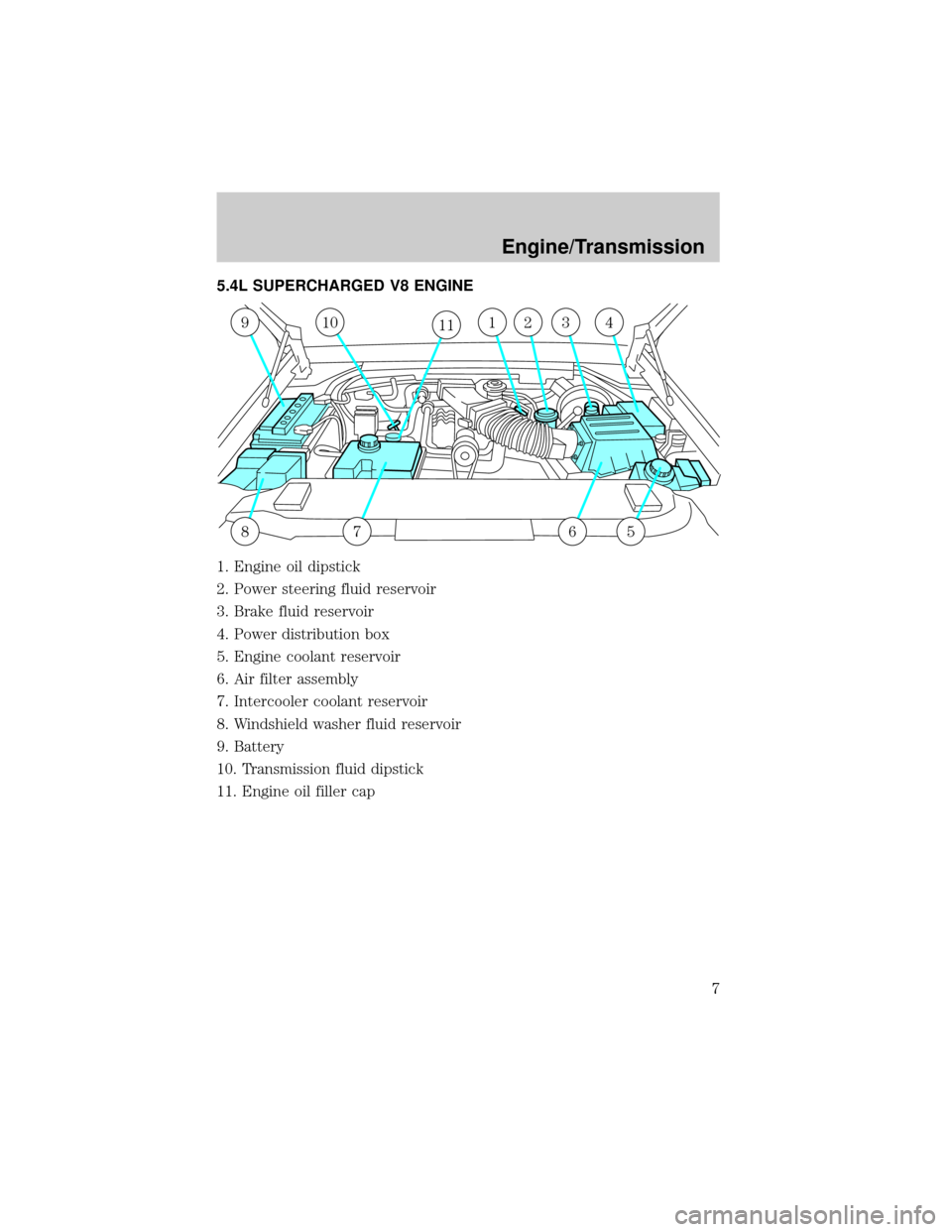 FORD F150 2002 10.G SVT Supplement Manual 5.4L SUPERCHARGED V8 ENGINE
1. Engine oil dipstick
2. Power steering fluid reservoir
3. Brake fluid reservoir
4. Power distribution box
5. Engine coolant reservoir
6. Air filter assembly
7. Intercoole