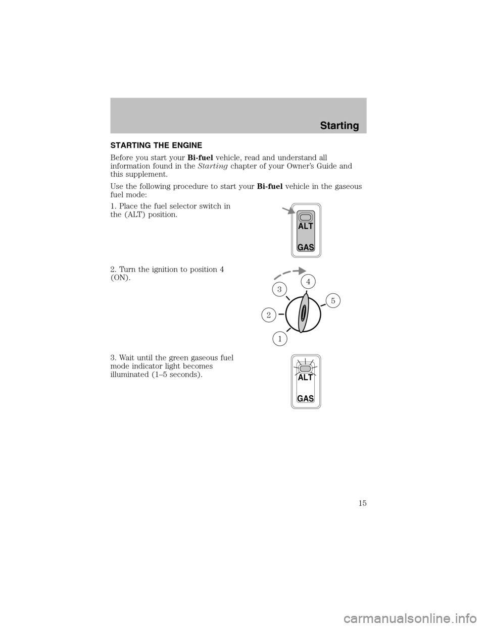 FORD F150 2003 10.G Bi Fuel Supplement Manual STARTING THE ENGINE
Before you start yourBi-fuelvehicle, read and understand all
information found in theStartingchapter of your Owner’s Guide and
this supplement.
Use the following procedure to sta