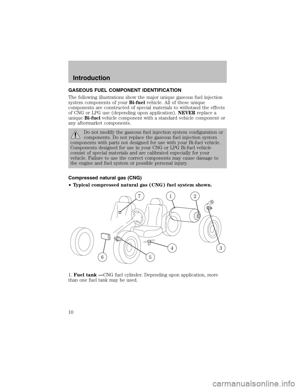 FORD F150 2003 10.G Bi Fuel Supplement Manual GASEOUS FUEL COMPONENT IDENTIFICATION
The following illustrations show the major unique gaseous fuel injection
system components of yourBi-fuelvehicle. All of these unique
components are constructed o