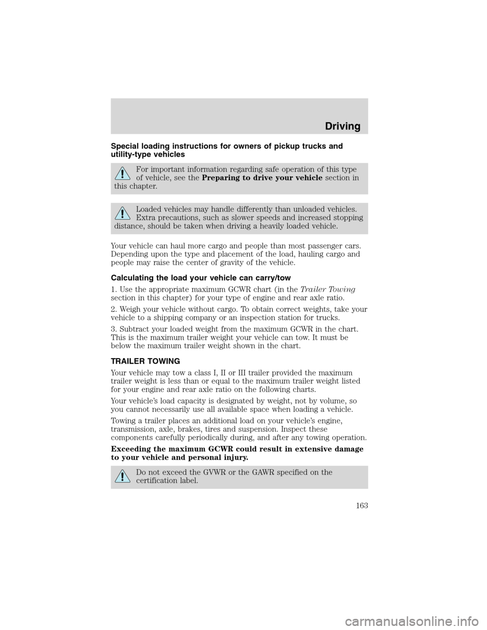 FORD F150 2003 10.G Owners Manual Special loading instructions for owners of pickup trucks and
utility-type vehicles
For important information regarding safe operation of this type
of vehicle, see thePreparing to drive your vehiclesec