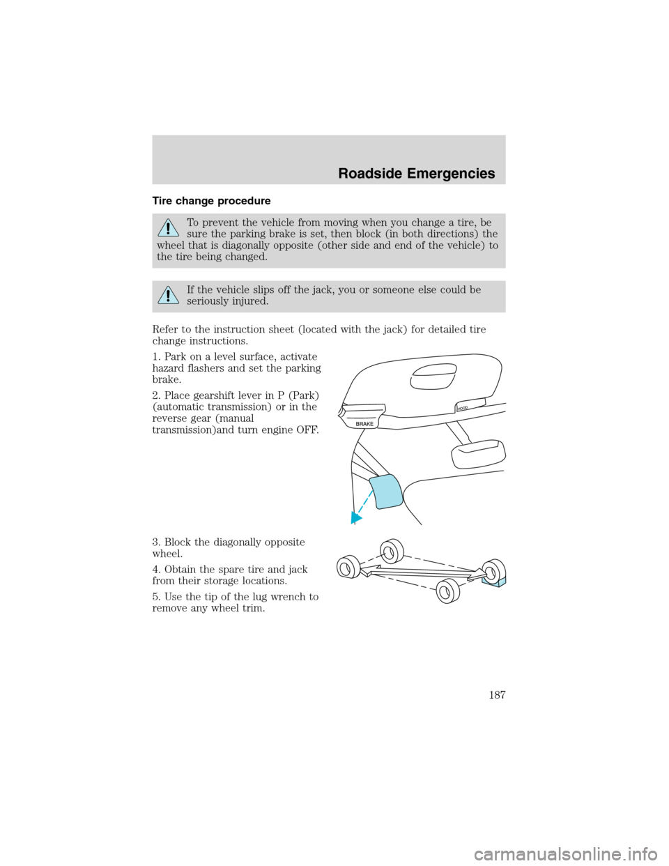 FORD F150 2003 10.G Owners Manual Tire change procedure
To prevent the vehicle from moving when you change a tire, be
sure the parking brake is set, then block (in both directions) the
wheel that is diagonally opposite (other side and