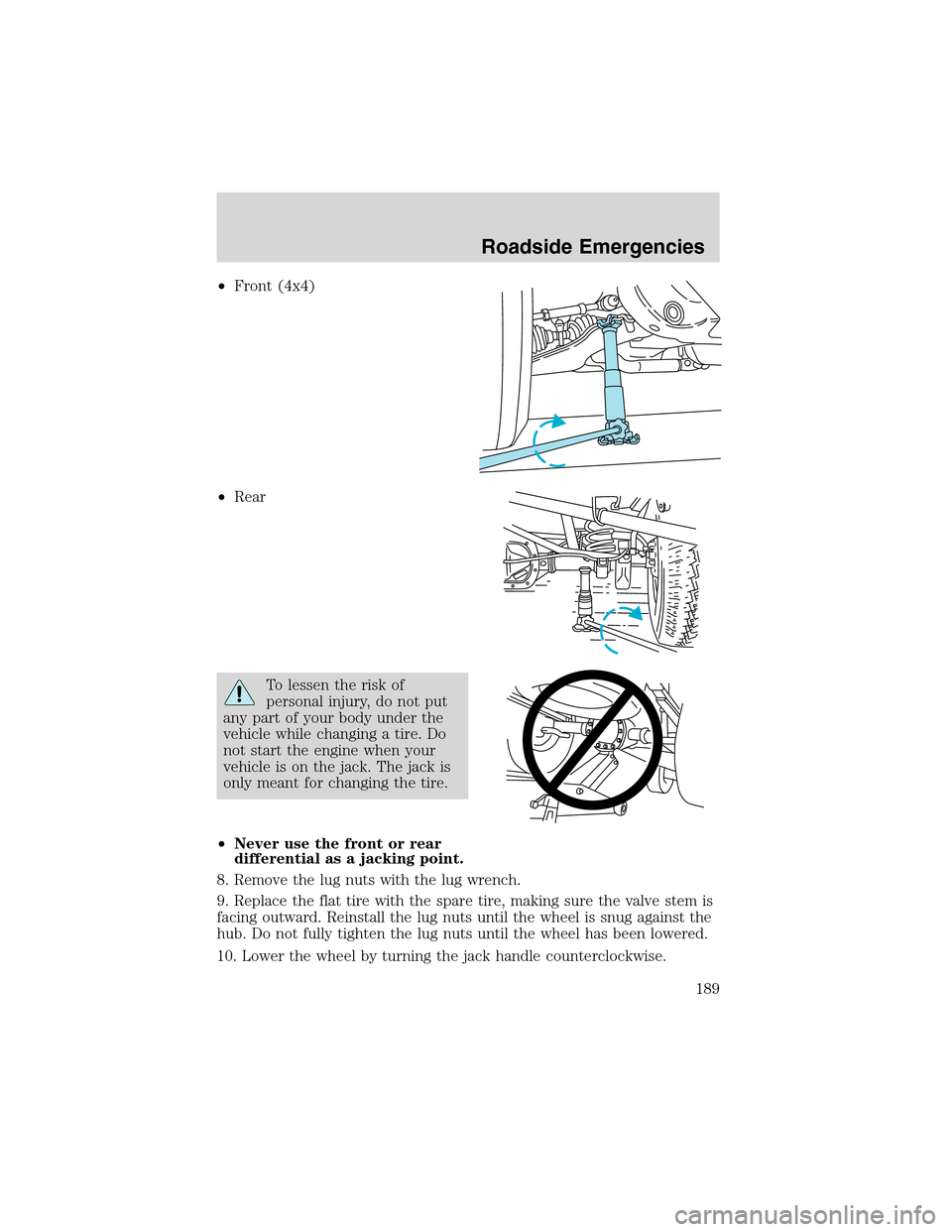 FORD F150 2003 10.G Owners Manual •Front (4x4)
•Rear
To lessen the risk of
personal injury, do not put
any part of your body under the
vehicle while changing a tire. Do
not start the engine when your
vehicle is on the jack. The ja