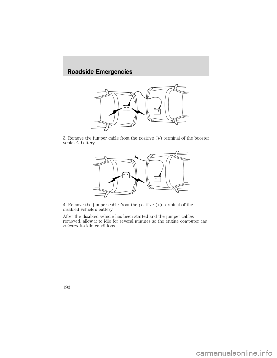 FORD F150 2003 10.G Owners Manual 3. Remove the jumper cable from the positive (+) terminal of the booster
vehicle’s battery.
4. Remove the jumper cable from the positive (+) terminal of the
disabled vehicle’s battery.
After the d FORD F150 2003 10.G Owners Manual 3. Remove the jumper cable from the positive (+) terminal of the booster
vehicle’s battery.
4. Remove the jumper cable from the positive (+) terminal of the
disabled vehicle’s battery.
After the d
