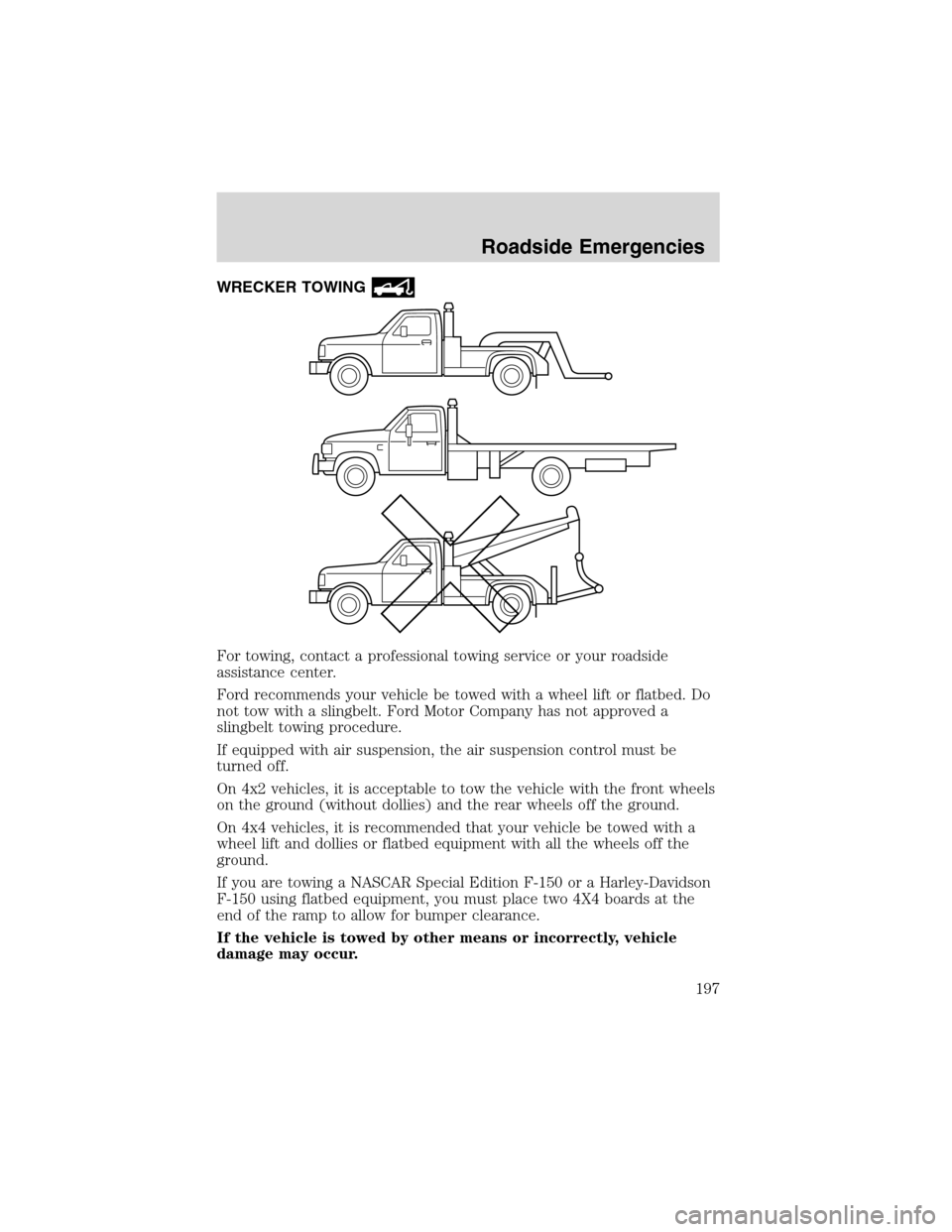 FORD F150 2003 10.G Owners Manual WRECKER TOWING
For towing, contact a professional towing service or your roadside
assistance center.
Ford recommends your vehicle be towed with a wheel lift or flatbed. Do
not tow with a slingbelt. Fo