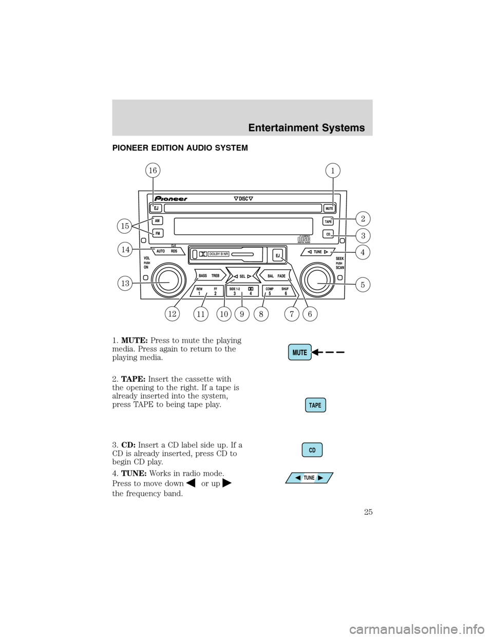 FORD F150 2003 10.G Owners Manual PIONEER EDITION AUDIO SYSTEM
1.MUTE:Press to mute the playing
media. Press again to return to the
playing media.
2.TAPE:Insert the cassette with
the opening to the right. If a tape is
already inserted