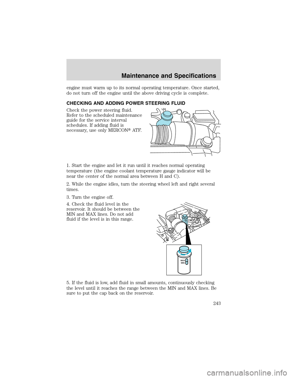 FORD F150 2003 10.G Service Manual engine must warm up to its normal operating temperature. Once started,
do not turn off the engine until the above driving cycle is complete.
CHECKING AND ADDING POWER STEERING FLUID
Check the power st