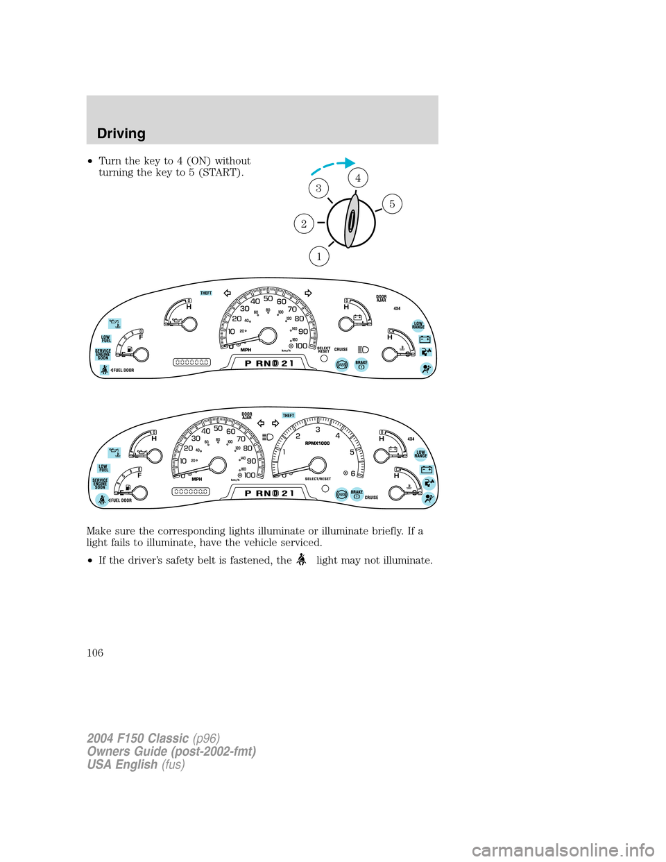 FORD F150 2004 11.G Herritage Owners Manual •Turn the key to 4 (ON) without
turning the key to 5 (START).
Make sure the corresponding lights illuminate or illuminate briefly. If a
light fails to illuminate, have the vehicle serviced.
•If th