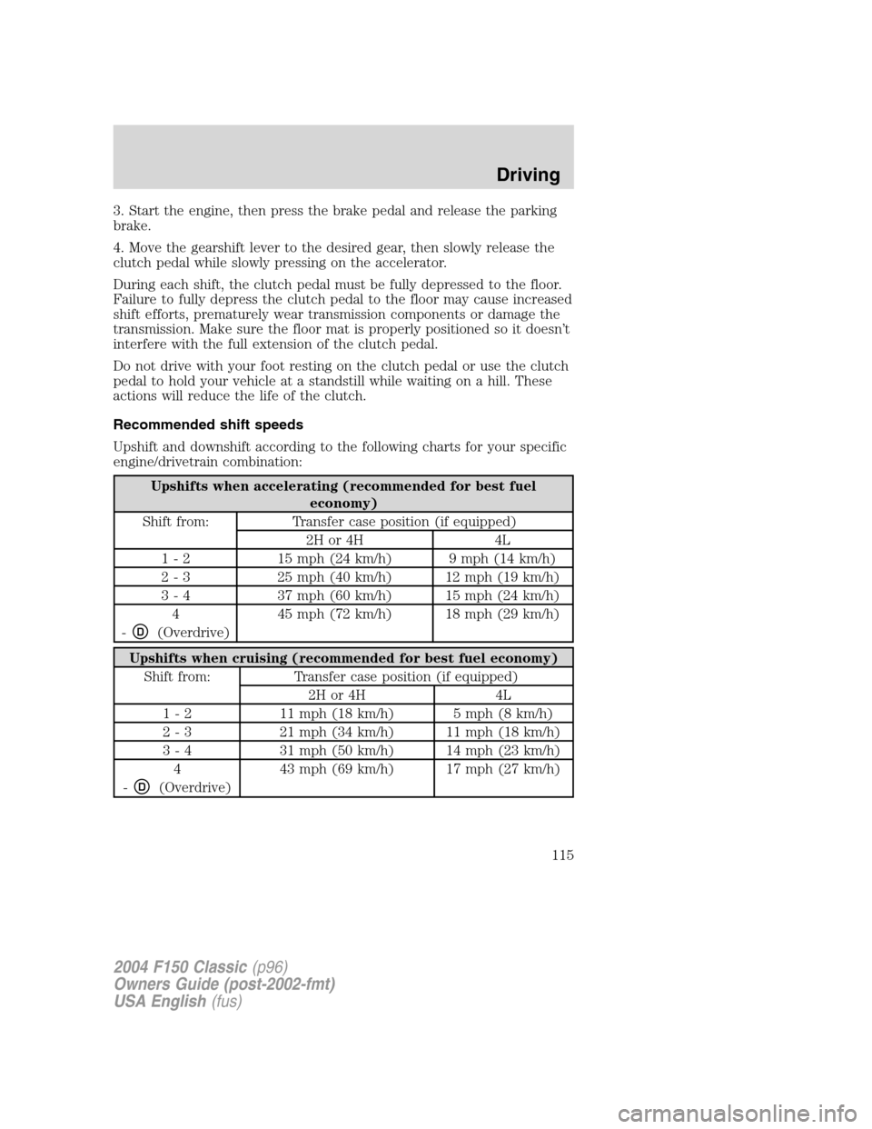 FORD F150 2004 11.G Herritage Owners Manual 3. Start the engine, then press the brake pedal and release the parking
brake.
4. Move the gearshift lever to the desired gear, then slowly release the
clutch pedal while slowly pressing on the accele