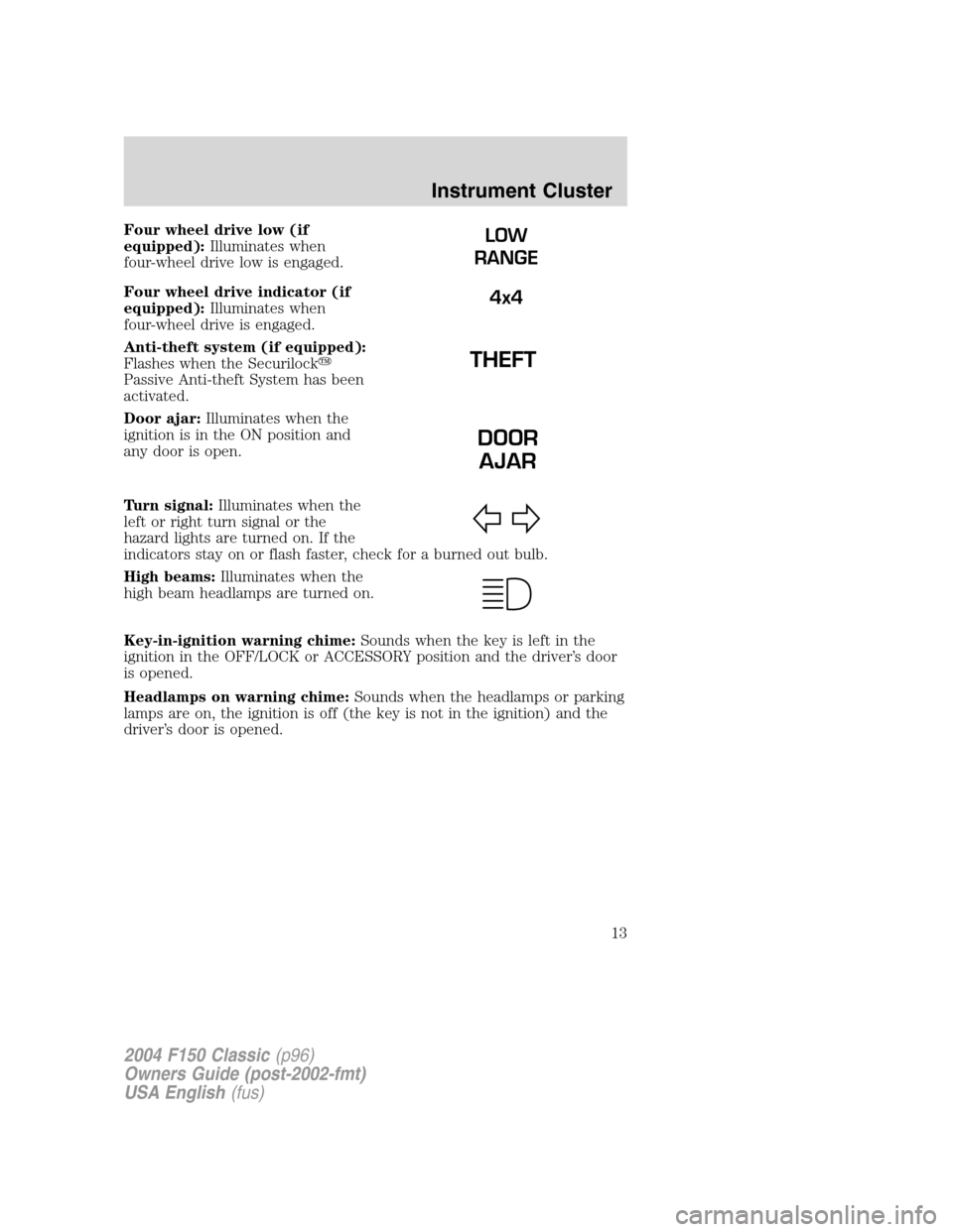 FORD F150 2004 11.G Herritage User Guide Four wheel drive low (if
equipped):Illuminates when
four-wheel drive low is engaged.
Four wheel drive indicator (if
equipped):Illuminates when
four-wheel drive is engaged.
Anti-theft system (if equipp FORD F150 2004 11.G Herritage User Guide Four wheel drive low (if
equipped):Illuminates when
four-wheel drive low is engaged.
Four wheel drive indicator (if
equipped):Illuminates when
four-wheel drive is engaged.
Anti-theft system (if equipp