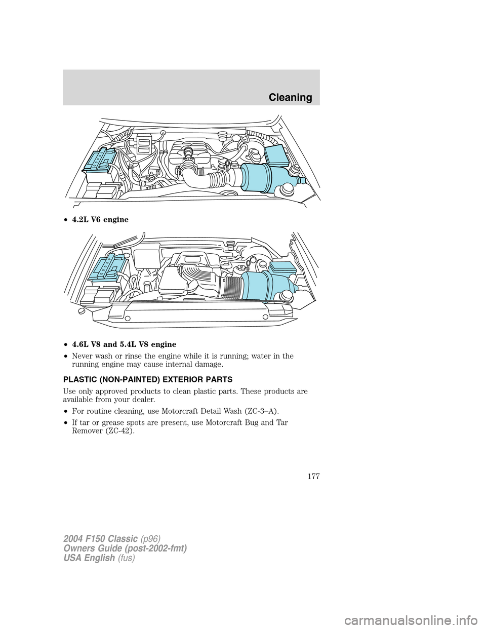 FORD F150 2004 11.G Herritage Owners Manual •4.2L V6 engine
•4.6L V8 and 5.4L V8 engine
•Never wash or rinse the engine while it is running; water in the
running engine may cause internal damage.
PLASTIC (NON-PAINTED) EXTERIOR PARTS
Use o FORD F150 2004 11.G Herritage Owners Manual •4.2L V6 engine
•4.6L V8 and 5.4L V8 engine
•Never wash or rinse the engine while it is running; water in the
running engine may cause internal damage.
PLASTIC (NON-PAINTED) EXTERIOR PARTS
Use o