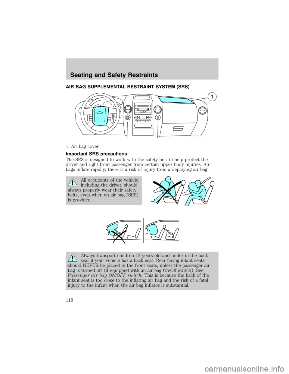 FORD F150 2004 11.G Owners Manual AIR BAG SUPPLEMENTAL RESTRAINT SYSTEM (SRS)
1. Air bag cover
Important SRS precautions
The SRS is designed to work with the safety belt to help protect the
driver and right front passenger from certai
