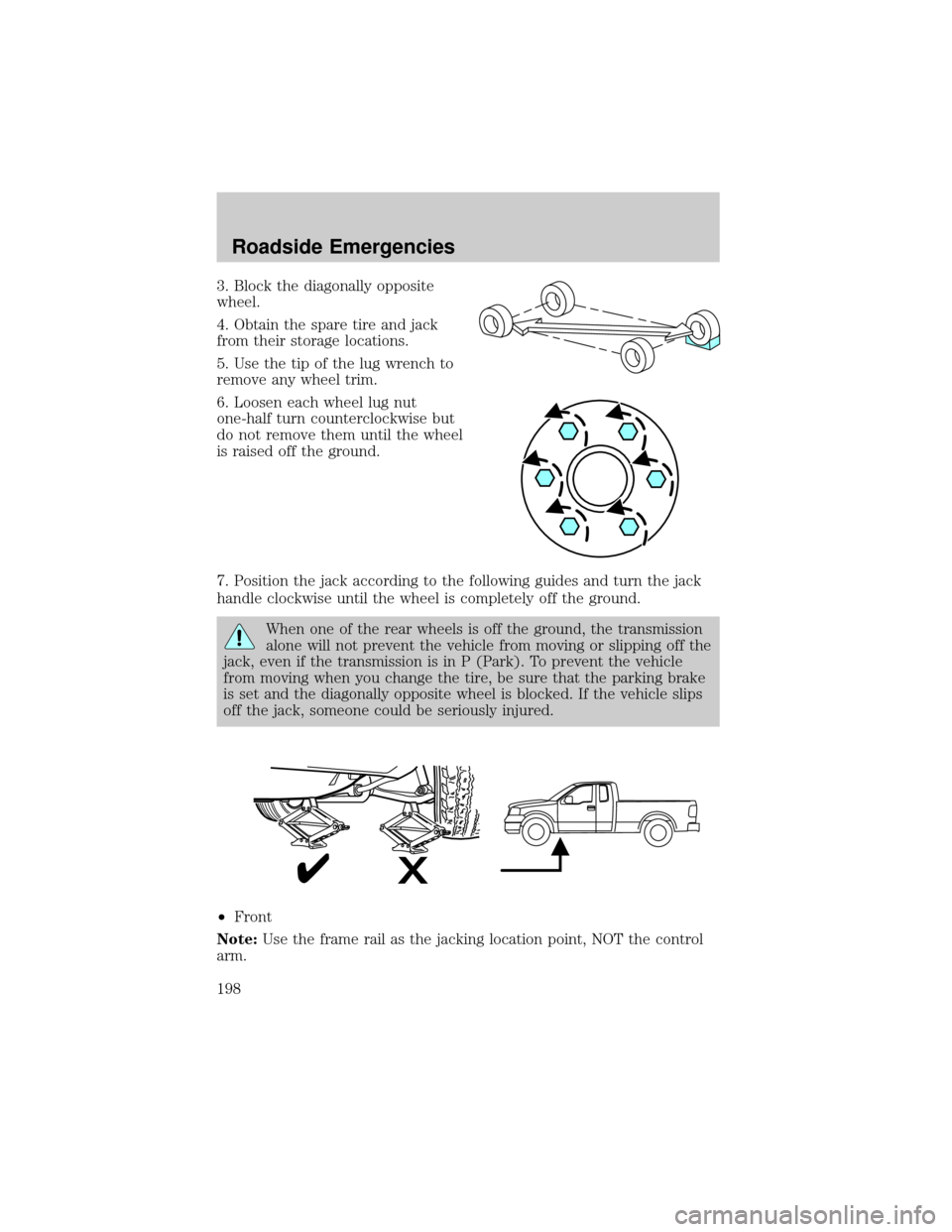FORD F150 2004 11.G Owners Manual 3. Block the diagonally opposite
wheel.
4. Obtain the spare tire and jack
from their storage locations.
5. Use the tip of the lug wrench to
remove any wheel trim.
6. Loosen each wheel lug nut
one-half FORD F150 2004 11.G Owners Manual 3. Block the diagonally opposite
wheel.
4. Obtain the spare tire and jack
from their storage locations.
5. Use the tip of the lug wrench to
remove any wheel trim.
6. Loosen each wheel lug nut
one-half