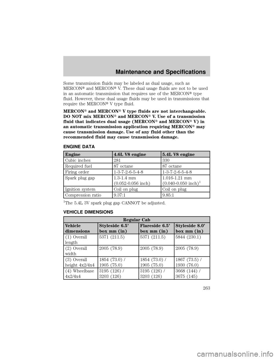 FORD F150 2004 11.G Owners Manual Some transmission fluids may be labeled as dual usage, such as
MERCONtand MERCONtV. These dual usage fluids are not to be used
in an automatic transmission that requires use of the MERCONttype
fluid. 