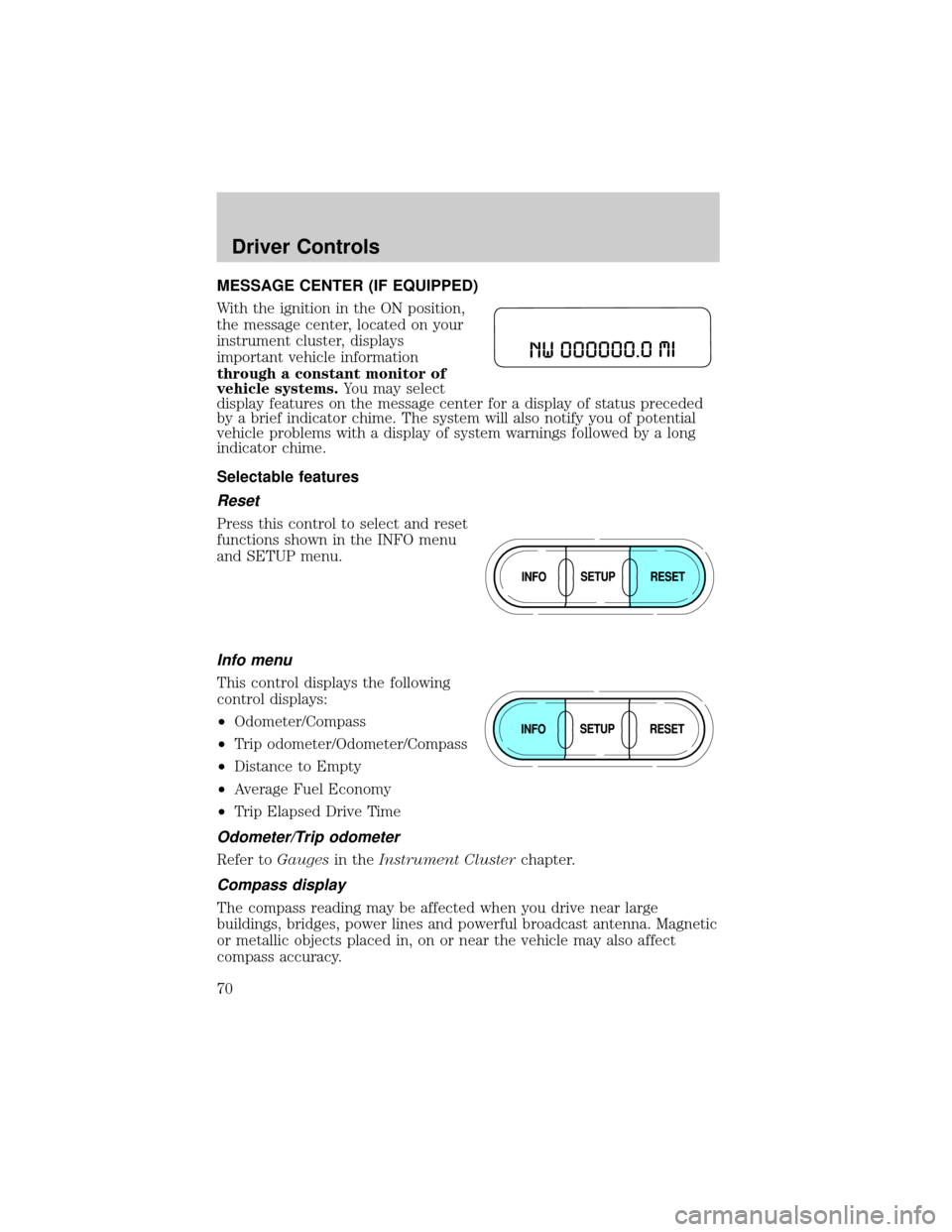 FORD F150 2004 11.G Owners Manual MESSAGE CENTER (IF EQUIPPED)
With the ignition in the ON position,
the message center, located on your
instrument cluster, displays
important vehicle information
through a constant monitor of
vehicle 