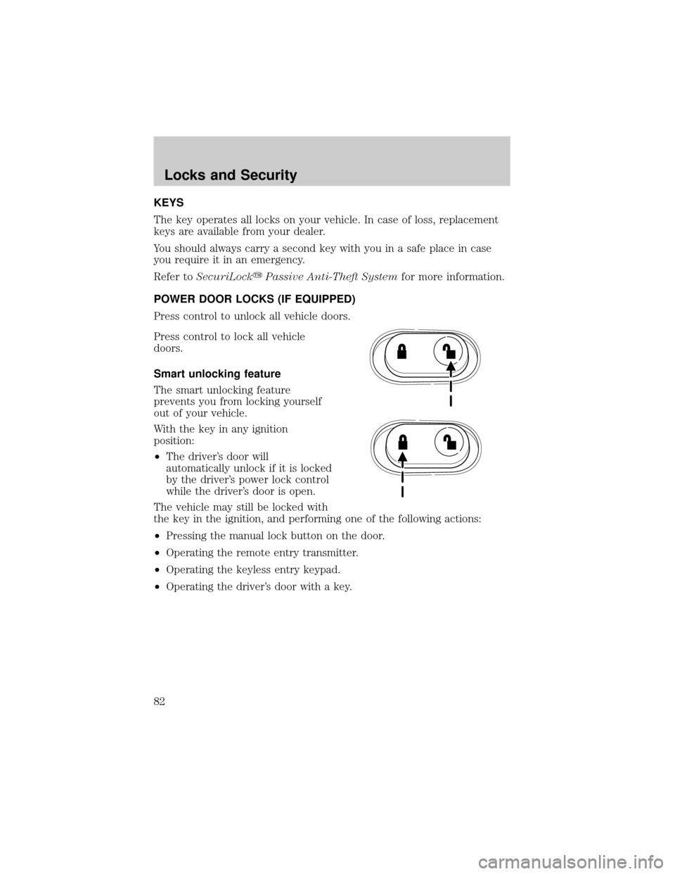 FORD F150 2004 11.G Manual Online KEYS
The key operates all locks on your vehicle. In case of loss, replacement
keys are available from your dealer.
You should always carry a second key with you in a safe place in case
you require it FORD F150 2004 11.G Manual Online KEYS
The key operates all locks on your vehicle. In case of loss, replacement
keys are available from your dealer.
You should always carry a second key with you in a safe place in case
you require it