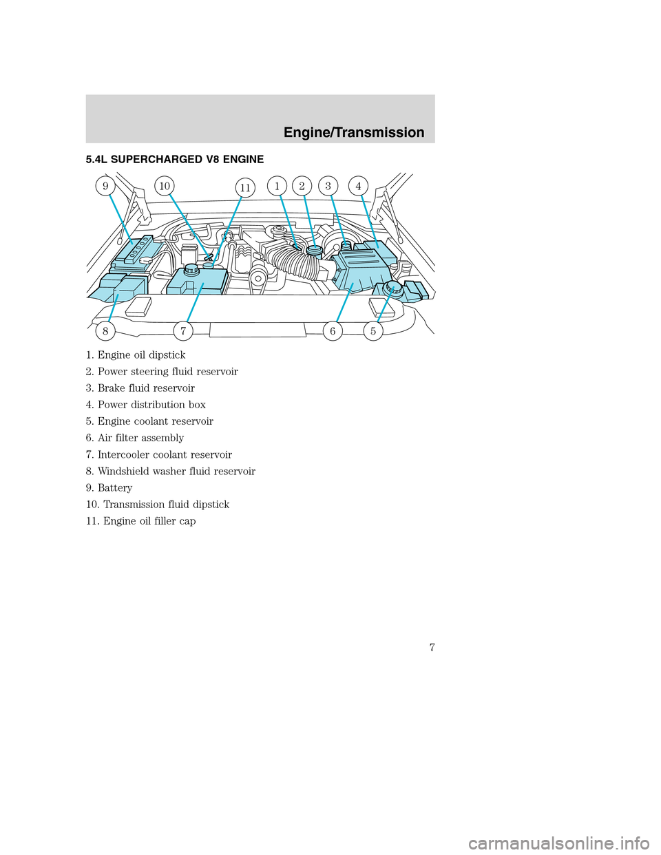 FORD F150 2004 11.G Raptor Supplement Manual 5.4L SUPERCHARGED V8 ENGINE
1. Engine oil dipstick
2. Power steering fluid reservoir
3. Brake fluid reservoir
4. Power distribution box
5. Engine coolant reservoir
6. Air filter assembly
7. Intercoole