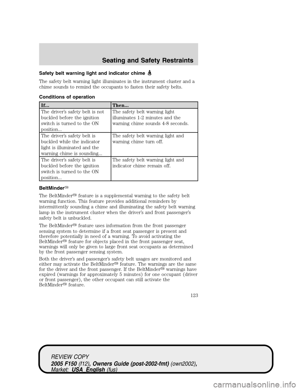 FORD F150 2005 11.G Owners Manual Safety belt warning light and indicator chime
The safety belt warning light illuminates in the instrument cluster and a
chime sounds to remind the occupants to fasten their safety belts.
Conditions of