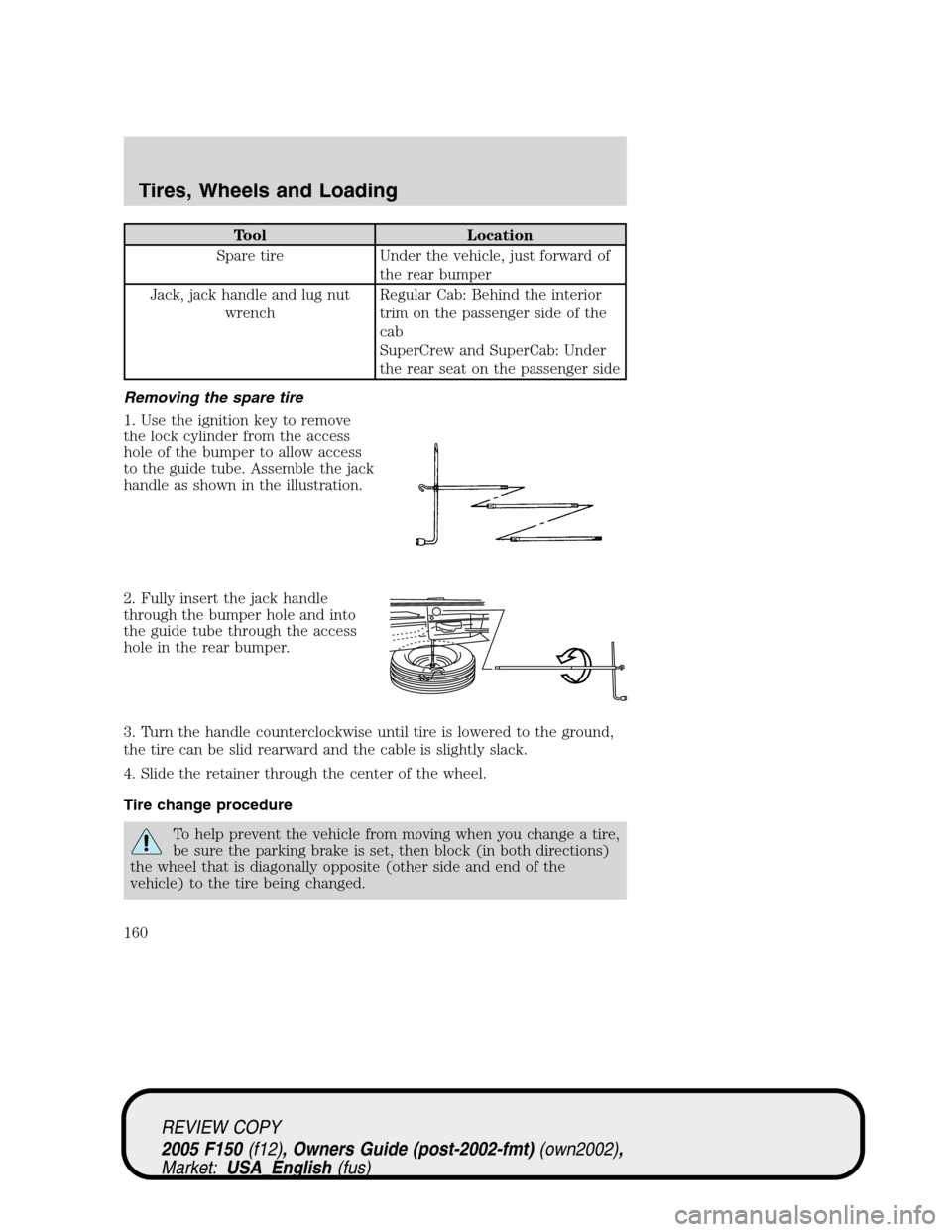 FORD F150 2005 11.G Owners Manual Tool Location
Spare tire Under the vehicle, just forward of
the rear bumper
Jack, jack handle and lug nut
wrenchRegular Cab: Behind the interior
trim on the passenger side of the
cab
SuperCrew and Sup FORD F150 2005 11.G Owners Manual Tool Location
Spare tire Under the vehicle, just forward of
the rear bumper
Jack, jack handle and lug nut
wrenchRegular Cab: Behind the interior
trim on the passenger side of the
cab
SuperCrew and Sup