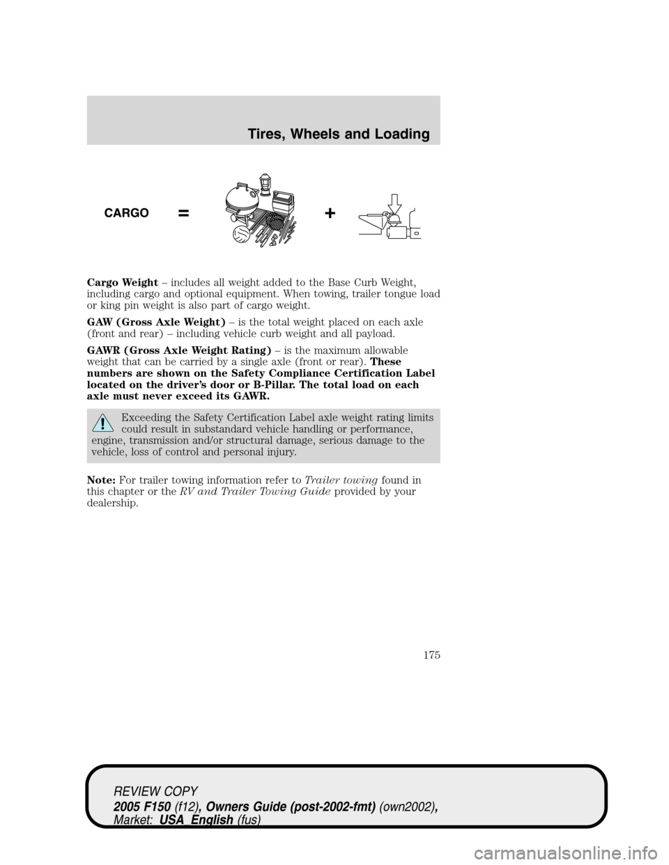 FORD F150 2005 11.G Owners Manual Cargo Weight–includes all weight added to the Base Curb Weight,
including cargo and optional equipment. When towing, trailer tongue load
or king pin weight is also part of cargo weight.
GAW (Gross A FORD F150 2005 11.G Owners Manual Cargo Weight–includes all weight added to the Base Curb Weight,
including cargo and optional equipment. When towing, trailer tongue load
or king pin weight is also part of cargo weight.
GAW (Gross A
