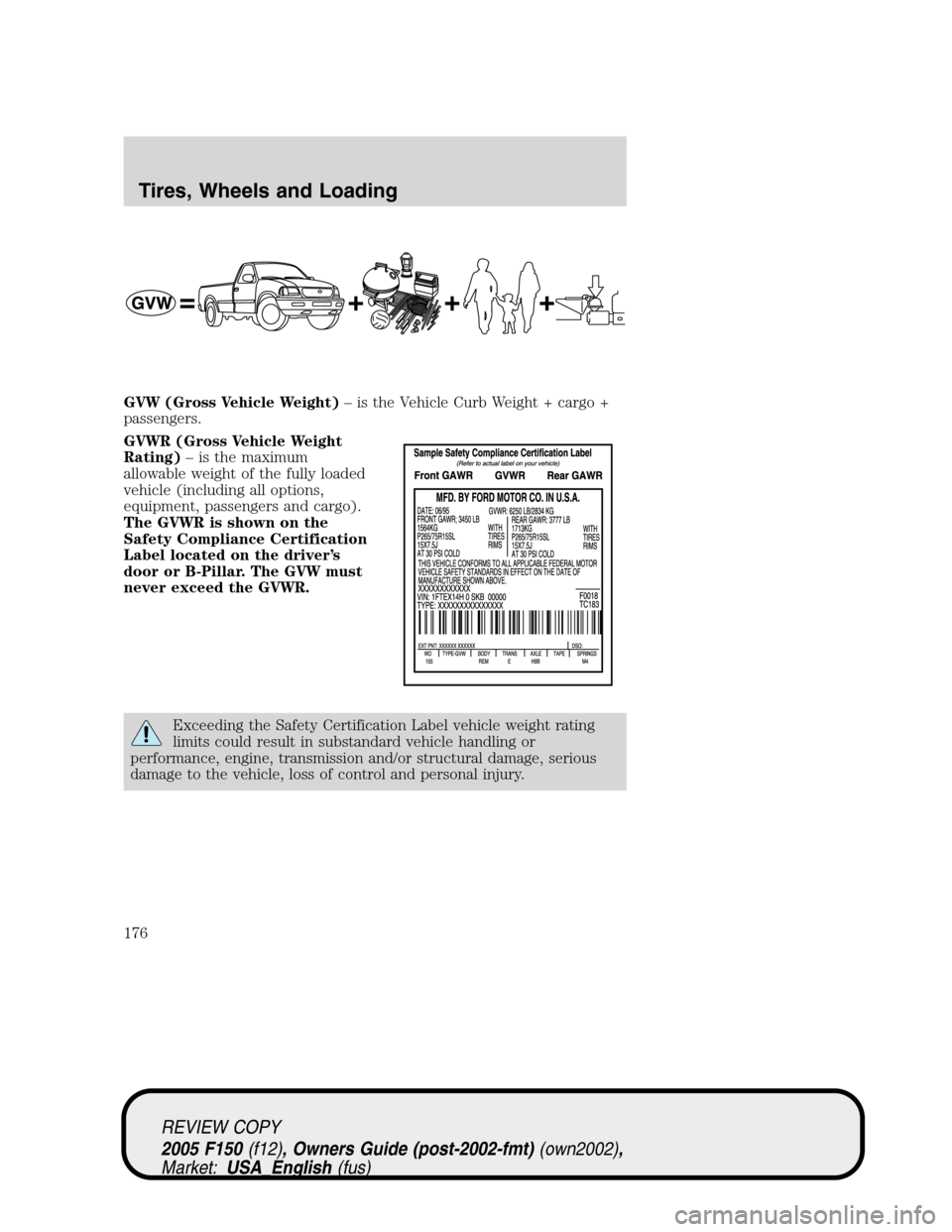 FORD F150 2005 11.G Owners Manual GVW (Gross Vehicle Weight)–is the Vehicle Curb Weight + cargo +
passengers.
GVWR (Gross Vehicle Weight
Rating)–is the maximum
allowable weight of the fully loaded
vehicle (including all options,
e