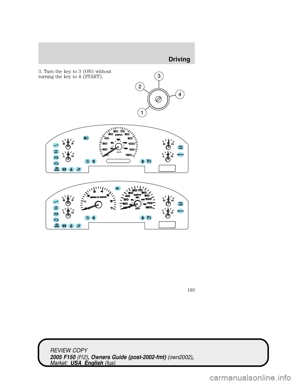FORD F150 2005 11.G Owners Manual 3. Turn the key to 3 (ON) without
turning the key to 4 (START).
REVIEW COPY
2005 F150(f12), Owners Guide (post-2002-fmt)(own2002),
Market:USA_English(fus)
Driving
193 FORD F150 2005 11.G Owners Manual 3. Turn the key to 3 (ON) without
turning the key to 4 (START).
REVIEW COPY
2005 F150(f12), Owners Guide (post-2002-fmt)(own2002),
Market:USA_English(fus)
Driving
193