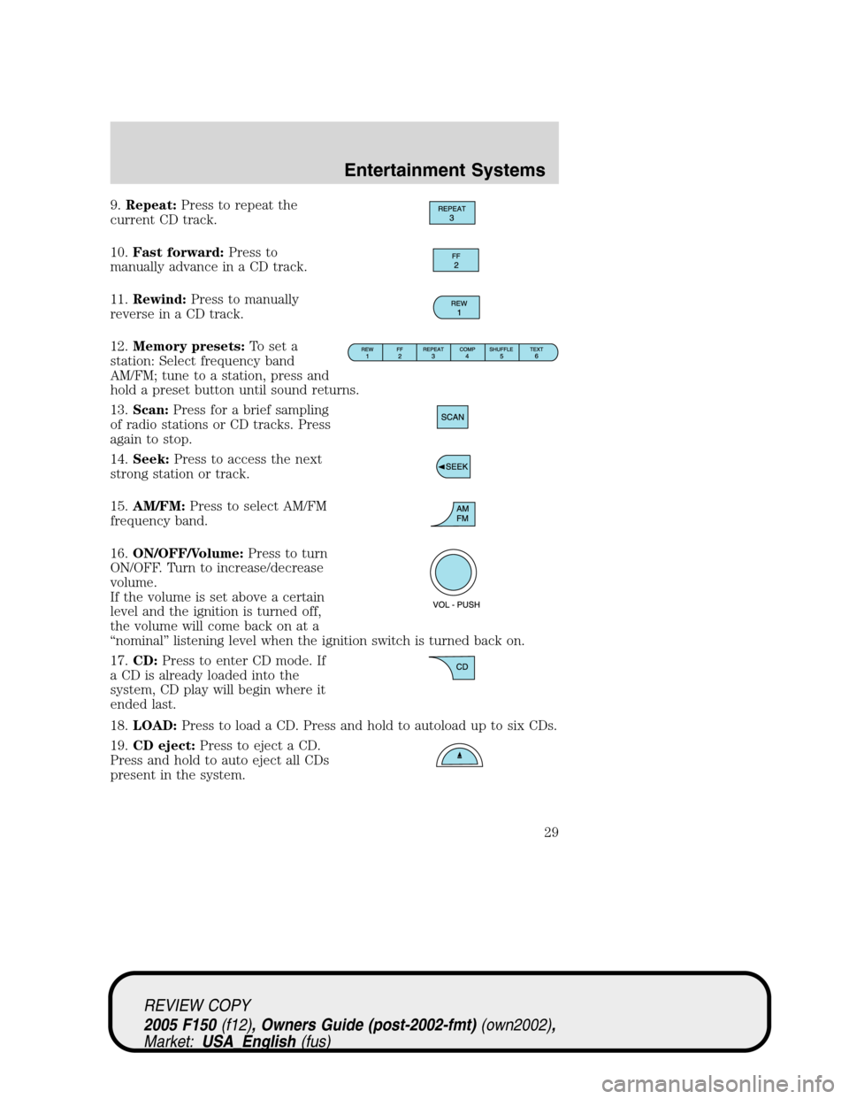 FORD F150 2005 11.G Owners Manual 9.Repeat:Press to repeat the
current CD track.
10.Fast forward:Press to
manually advance in a CD track.
11.Rewind:Press to manually
reverse in a CD track.
12.Memory presets:To set a
station: Select fr