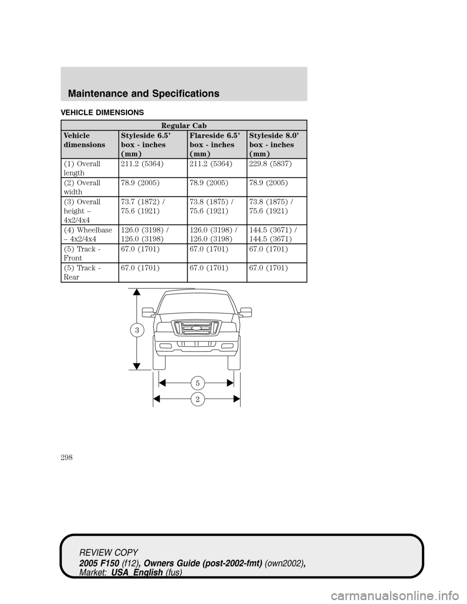 FORD F150 2005 11.G Owners Manual VEHICLE DIMENSIONS
Regular Cab
Vehicle
dimensionsStyleside 6.5’
box - inches
(mm)Flareside 6.5’
box - inches
(mm)Styleside 8.0’
box - inches
(mm)
(1) Overall
length211.2 (5364) 211.2 (5364) 229.