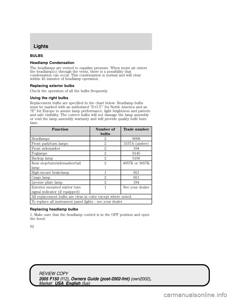 FORD F150 2005 11.G Owners Manual BULBS
Headlamp Condensation
The headlamps are vented to equalize pressure. When moist air enters
the headlamp(s) through the vents, there is a possibility that
condensation can occur. This condensatio FORD F150 2005 11.G Owners Manual BULBS
Headlamp Condensation
The headlamps are vented to equalize pressure. When moist air enters
the headlamp(s) through the vents, there is a possibility that
condensation can occur. This condensatio