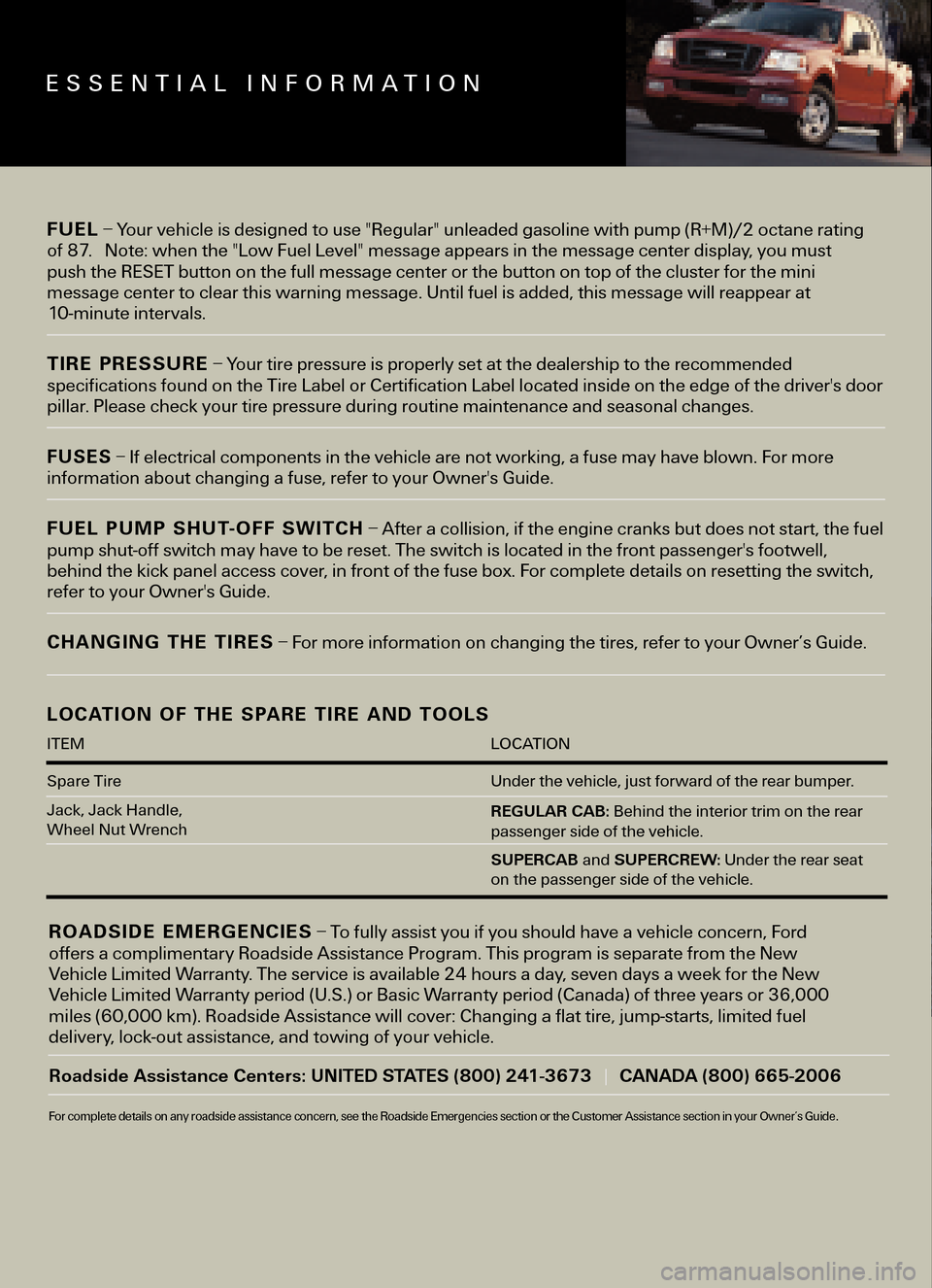 FORD F150 2005 11.G Quick Reference Guide ESSENTIAL INFORMATION
FUEL– Your vehicle is designed to use "Regular" unleaded gasoline with pump (R+M)/2 octane rating 
of 87.   Note: when the "Low Fuel Level" message appears in the message cente