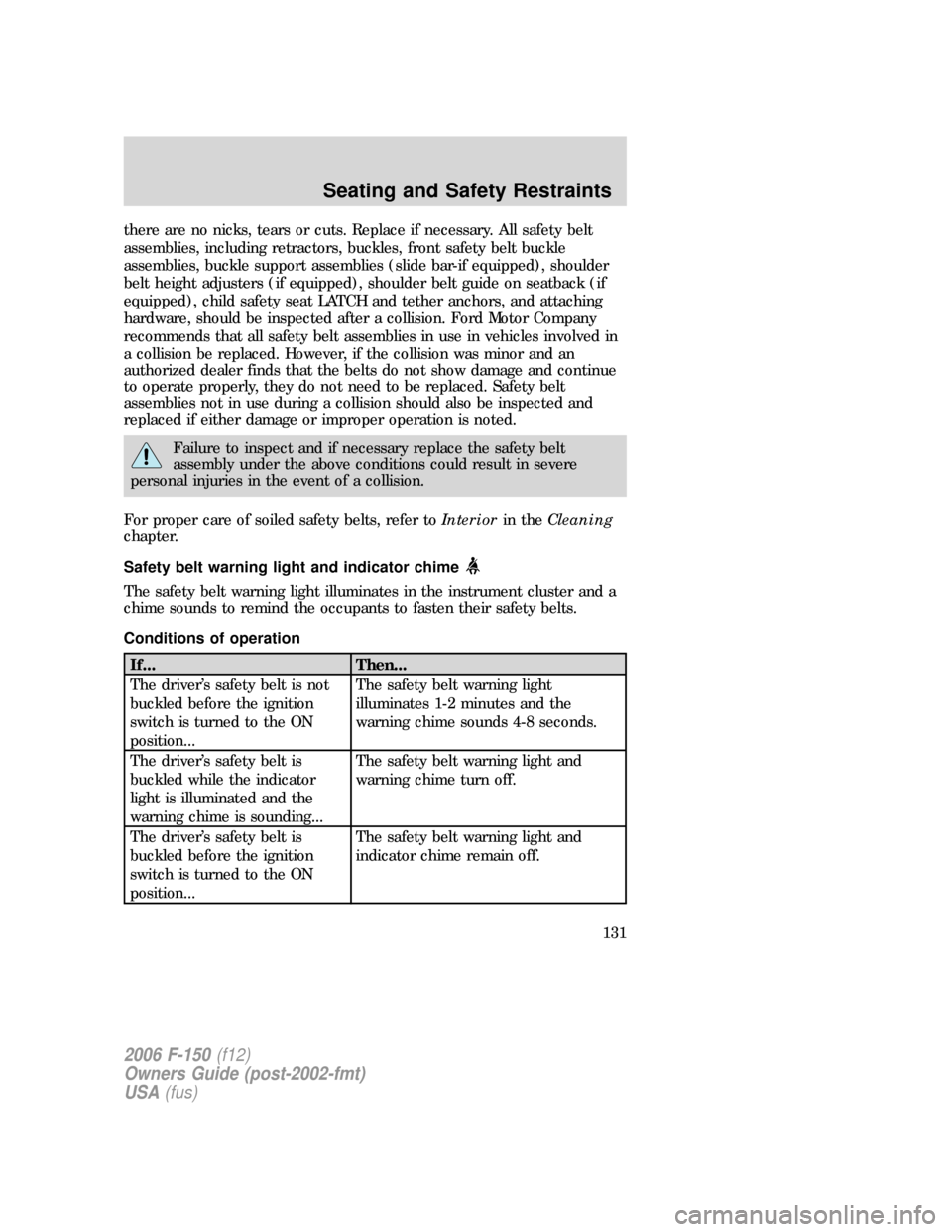 FORD F150 2006 11.G Owners Manual there are no nicks, tears or cuts. Replace if necessary. All safety belt
assemblies, including retractors, buckles, front safety belt buckle
assemblies, buckle support assemblies (slide bar-if equippe