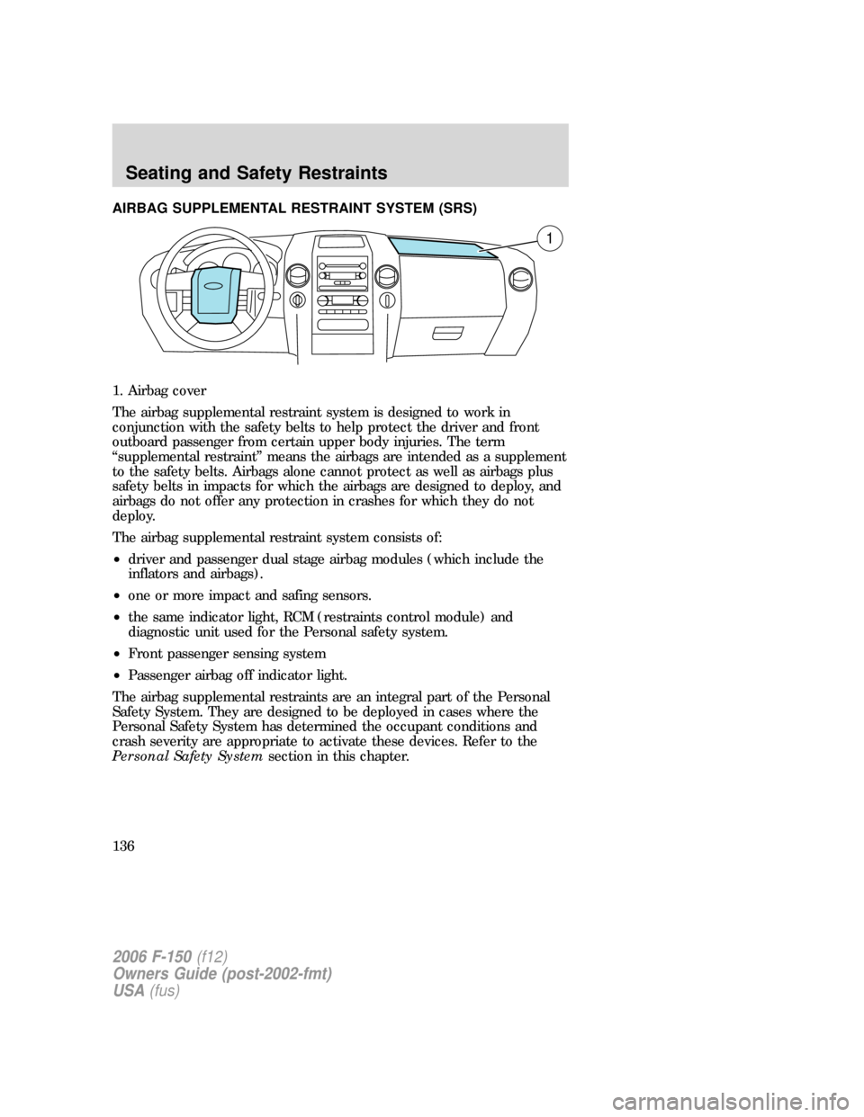 FORD F150 2006 11.G Owners Manual AIRBAG SUPPLEMENTAL RESTRAINT SYSTEM (SRS)
1. Airbag cover
The airbag supplemental restraint system is designed to work in
conjunction with the safety belts to help protect the driver and front
outboa