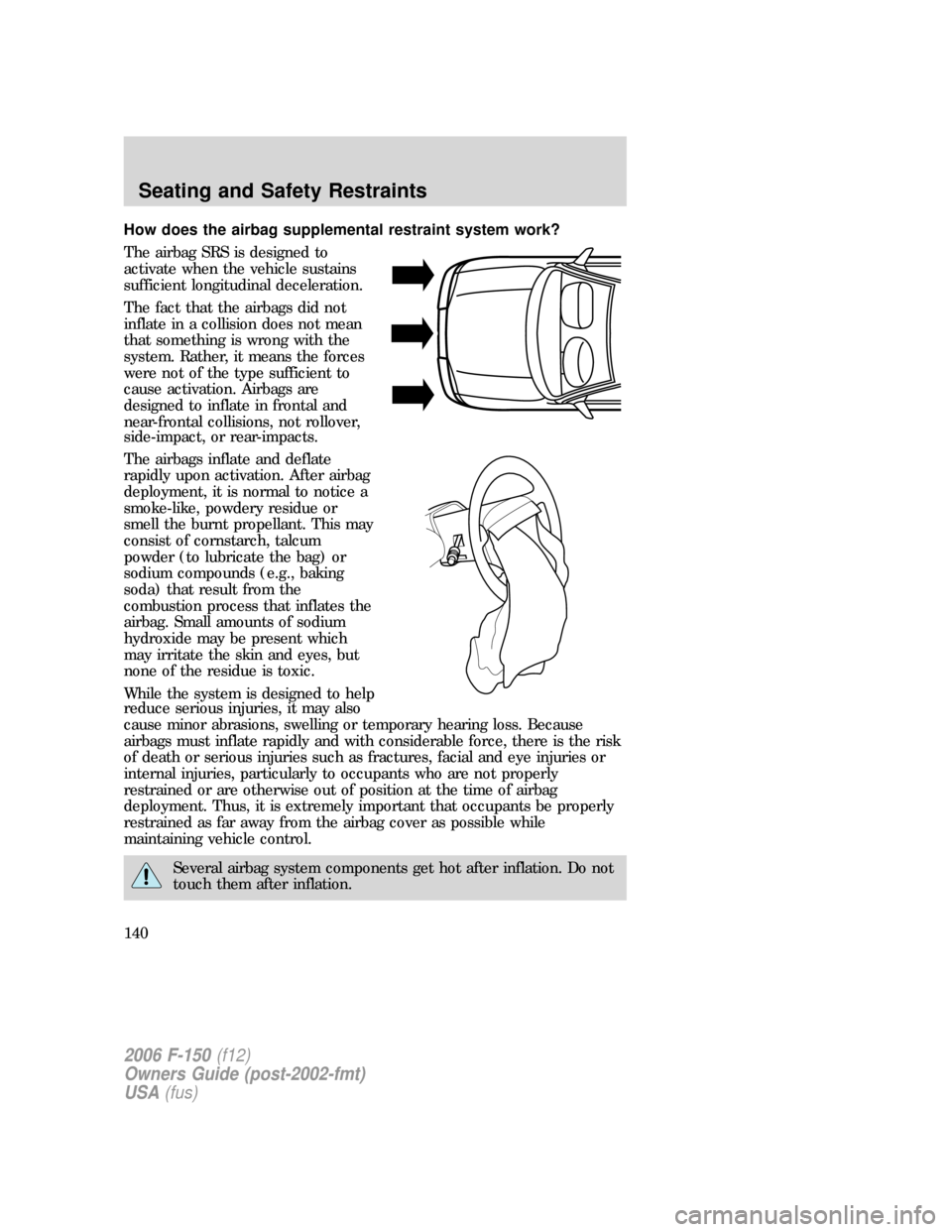 FORD F150 2006 11.G Owners Manual How does the airbag supplemental restraint system work?
The airbag SRS is designed to
activate when the vehicle sustains
sufficient longitudinal deceleration.
The fact that the airbags did not
inflate