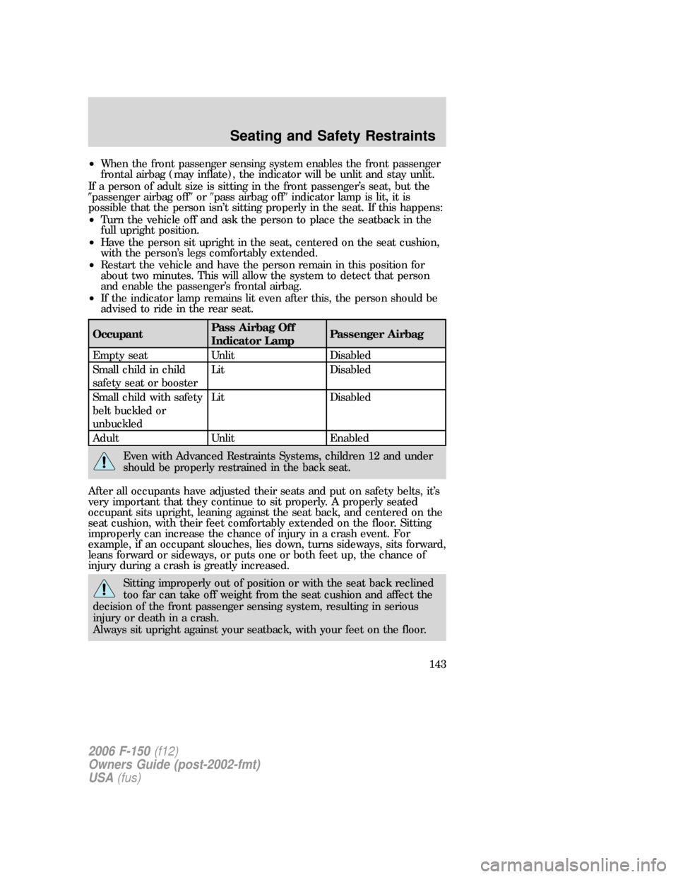 FORD F150 2006 11.G Owners Manual •When the front passenger sensing system enables the front passenger
frontal airbag (may inflate), the indicator will be unlit and stay unlit.
If a person of adult size is sitting in the front passe FORD F150 2006 11.G Owners Manual •When the front passenger sensing system enables the front passenger
frontal airbag (may inflate), the indicator will be unlit and stay unlit.
If a person of adult size is sitting in the front passe