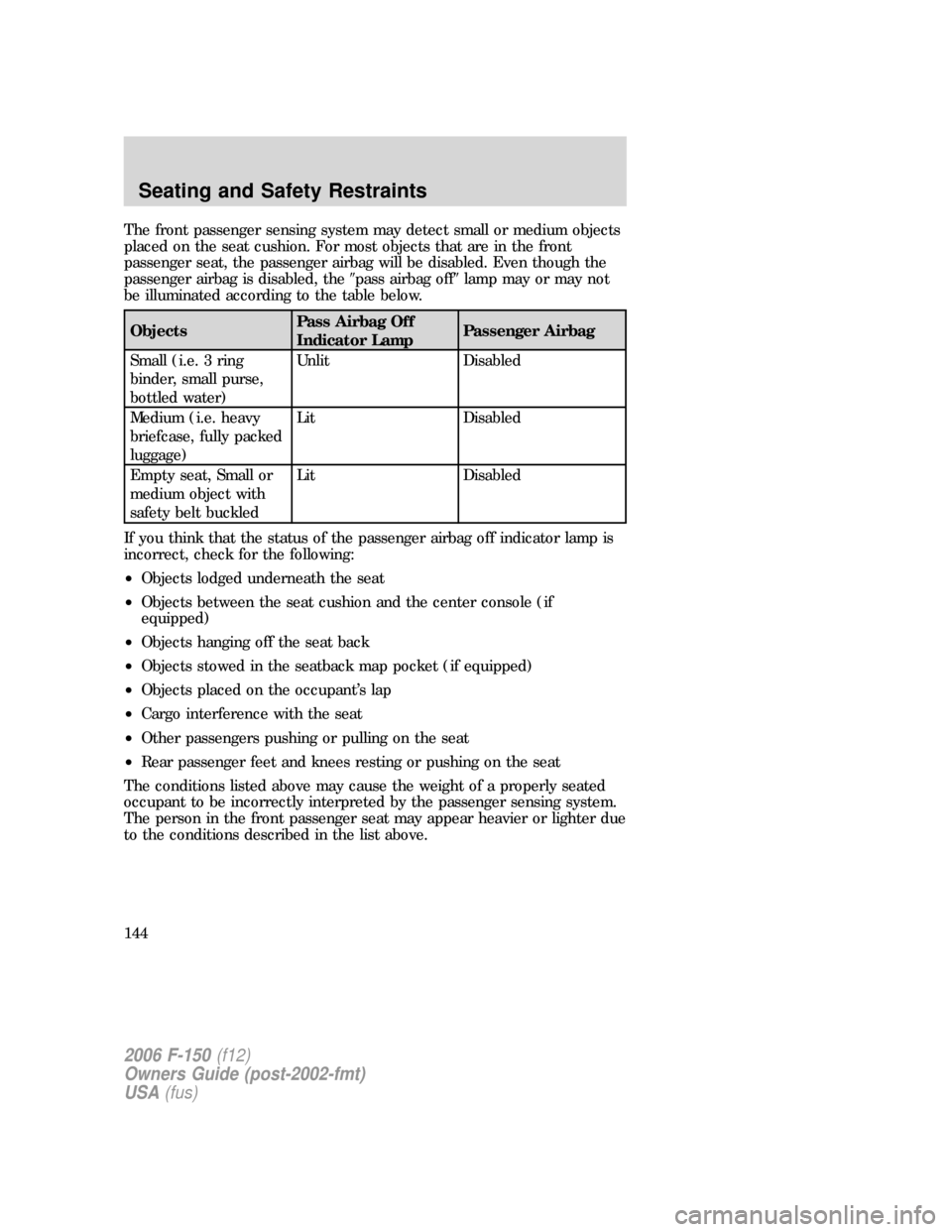 FORD F150 2006 11.G Owners Manual The front passenger sensing system may detect small or medium objects
placed on the seat cushion. For most objects that are in the front
passenger seat, the passenger airbag will be disabled. Even tho FORD F150 2006 11.G Owners Manual The front passenger sensing system may detect small or medium objects
placed on the seat cushion. For most objects that are in the front
passenger seat, the passenger airbag will be disabled. Even tho