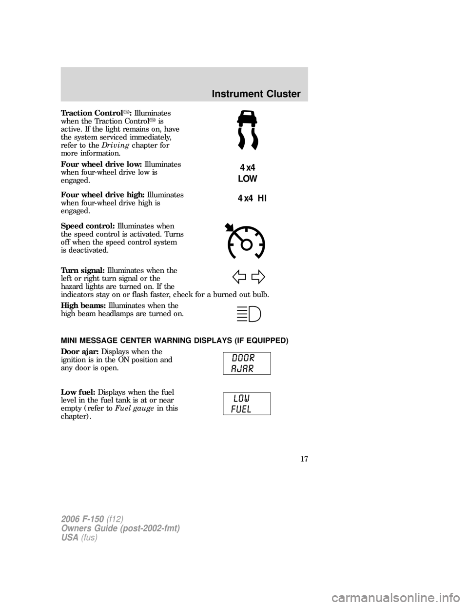 FORD F150 2006 11.G User Guide Traction Control:Illuminates
when the Traction Controlis
active. If the light remains on, have
the system serviced immediately,
refer to theDrivingchapter for
more information.
Four wheel drive low: