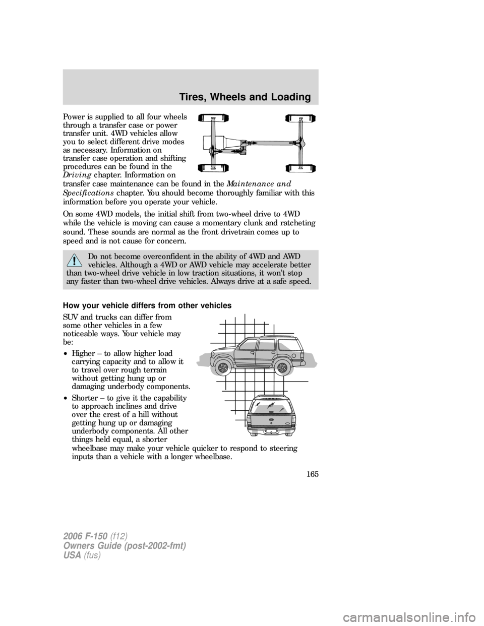 FORD F150 2006 11.G Owners Manual Power is supplied to all four wheels
through a transfer case or power
transfer unit. 4WD vehicles allow
you to select different drive modes
as necessary. Information on
transfer case operation and shi FORD F150 2006 11.G Owners Manual Power is supplied to all four wheels
through a transfer case or power
transfer unit. 4WD vehicles allow
you to select different drive modes
as necessary. Information on
transfer case operation and shi