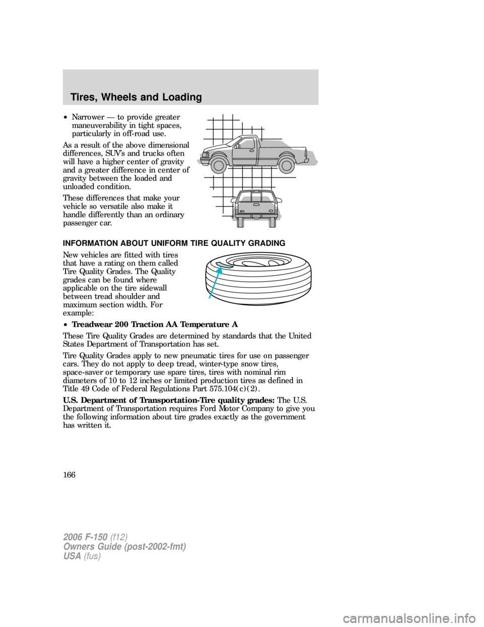 FORD F150 2006 11.G Owners Manual •Narrower — to provide greater
maneuverability in tight spaces,
particularly in off-road use.
As a result of the above dimensional
differences, SUV’s and trucks often
will have a higher center o FORD F150 2006 11.G Owners Manual •Narrower — to provide greater
maneuverability in tight spaces,
particularly in off-road use.
As a result of the above dimensional
differences, SUV’s and trucks often
will have a higher center o