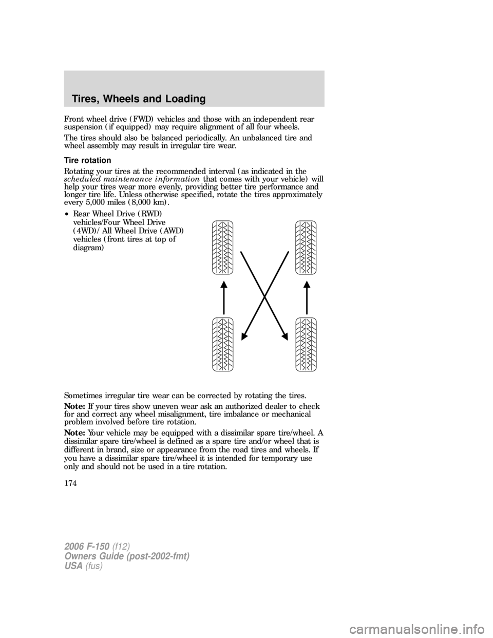 FORD F150 2006 11.G Owners Manual Front wheel drive (FWD) vehicles and those with an independent rear
suspension (if equipped) may require alignment of all four wheels.
The tires should also be balanced periodically. An unbalanced tir FORD F150 2006 11.G Owners Manual Front wheel drive (FWD) vehicles and those with an independent rear
suspension (if equipped) may require alignment of all four wheels.
The tires should also be balanced periodically. An unbalanced tir