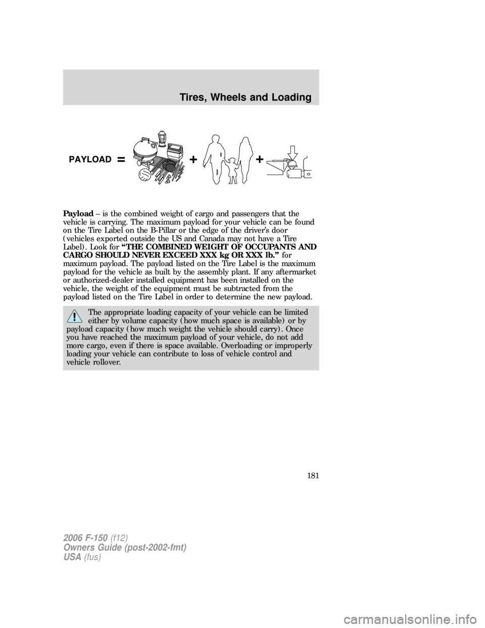 FORD F150 2006 11.G Owners Manual Payload– is the combined weight of cargo and passengers that the
vehicle is carrying. The maximum payload for your vehicle can be found
on the Tire Label on the B-Pillar or the edge of the driver’ FORD F150 2006 11.G Owners Manual Payload– is the combined weight of cargo and passengers that the
vehicle is carrying. The maximum payload for your vehicle can be found
on the Tire Label on the B-Pillar or the edge of the driver’